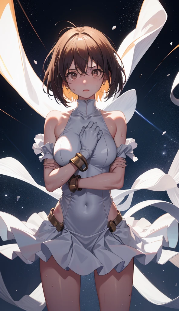 (All fours:1.4), Absurd resolution, high resolution, (masterpiece: 1.4), super detailed, 1 girl, light wedding dress , seen from above, space, floating, wide angle lens distortion, brown hair, medium hair, twinkle eyes, correct body, raw body, perfect anatomy, dynamic moving
