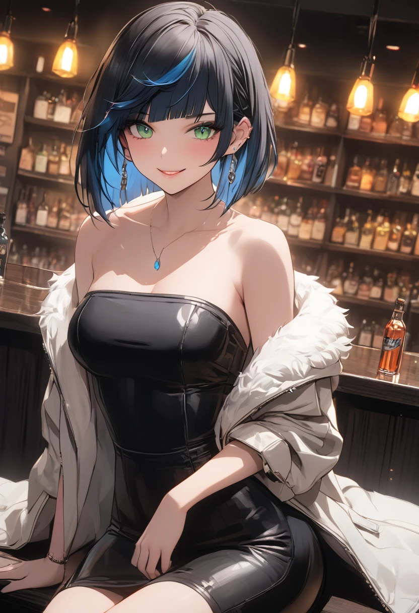 a gorgeous woman in a black leather long dress, off shoulder, wearing a white fur coat, beauty spots, sitting on a chair, in a night bar background, indoor, neon light, vibrant colors, hyper detailed, 8k, high quality, cinematic lighting, dynamic pose, yelan, black hair, blue hair, eyebrows hidden by hair, green eyes, multicolored hair, short hair, whole body, large anime eyes, highly detailed eyes, natural skin, natural skin texture, subsurface scattering, muted colors, skin pores, score_9, score_8_up, score_7_up, (sfw), (cowboy shot, dutch angle:1.2), 1girl, solo, mature female, smiling
