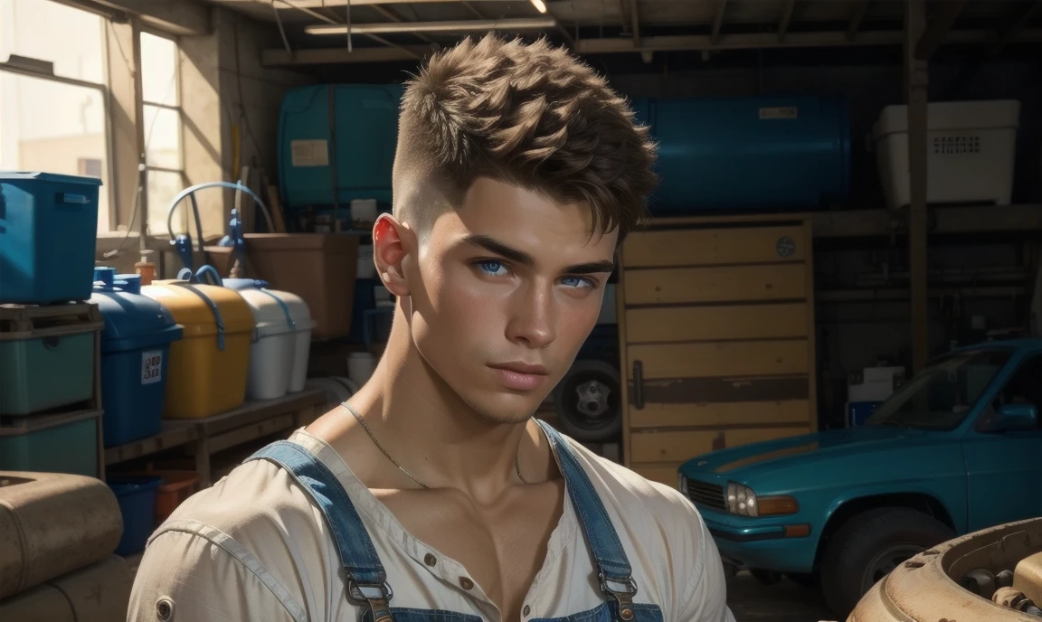 1 man, 21 years old, sexy natural-colored haircut. cute toned charming mechanic in a auto garage, wearing a white muscle shirt under blue overalls. looking at you with clear longing. auto garage background.