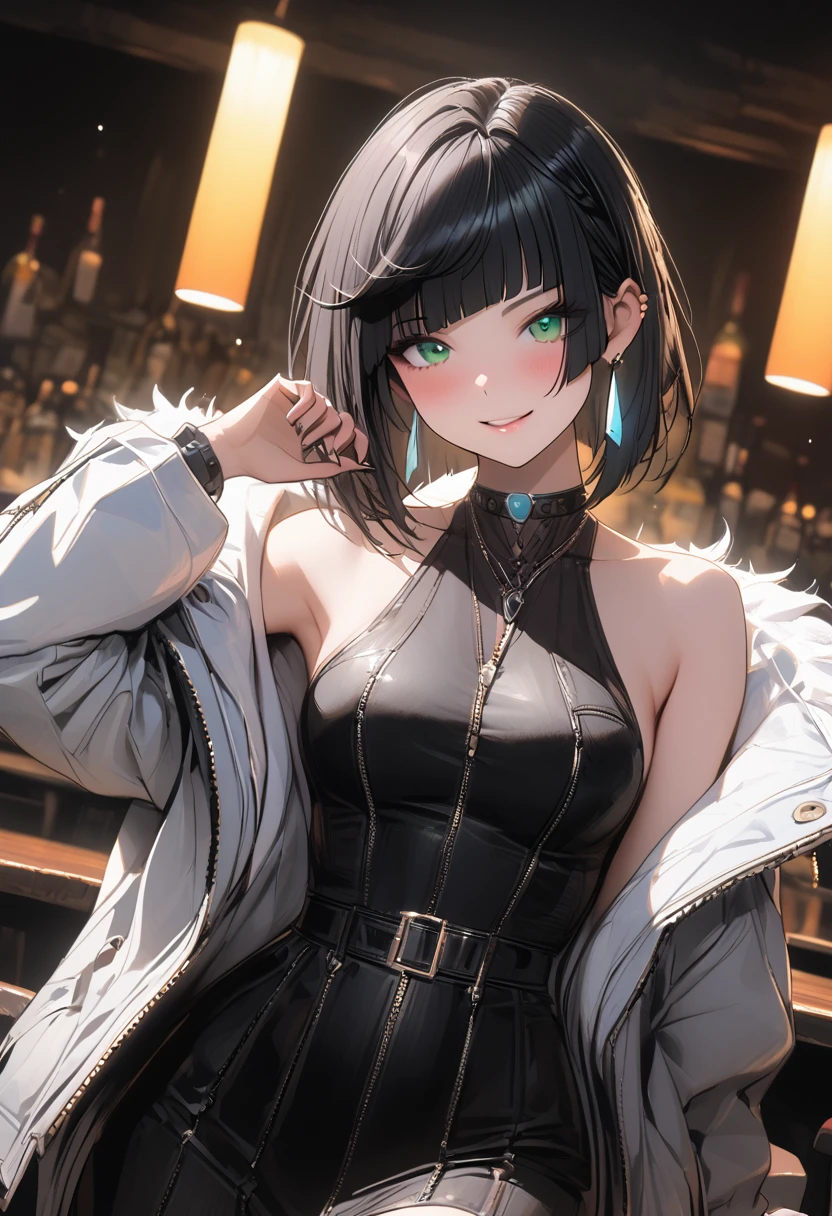 a gorgeous woman in a black leather long dress, off shoulder, wearing a white fur coat, beauty spots, sitting on a chair, in a night bar background, indoor, neon light, vibrant colors, hyper detailed, 8k, high quality, cinematic lighting, dynamic pose, yelan, black hair, blue hair, eyebrows hidden by hair, green eyes, multicolored hair, short hair, whole body, large anime eyes, highly detailed eyes, natural skin, natural skin texture, subsurface scattering, muted colors, skin pores, score_9, score_8_up, score_7_up, (sfw), (cowboy shot, dutch angle:1.2), 1girl, solo, mature female, smiling
