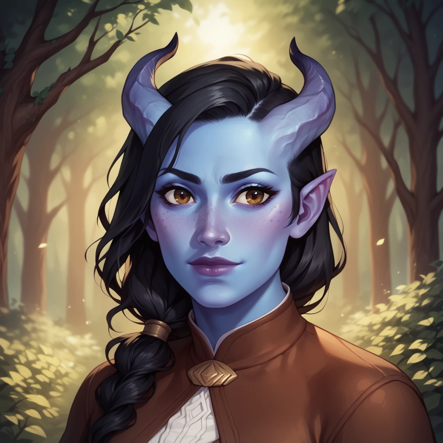 (((beautiful, high quality, comics style, detailed face))), score_9, score_8_up, score_7_up, BREAK, tiefling, ((kiranoir)), long hair, black hair, brown eyes, dark skin, short straight horns, blue skin, blue freckles, white hair, asymmetrical bob, slender, portrait, dressed like a nobleman, blurred background, (dynamic lighting:1.1) ((masterpiece)), easynegative