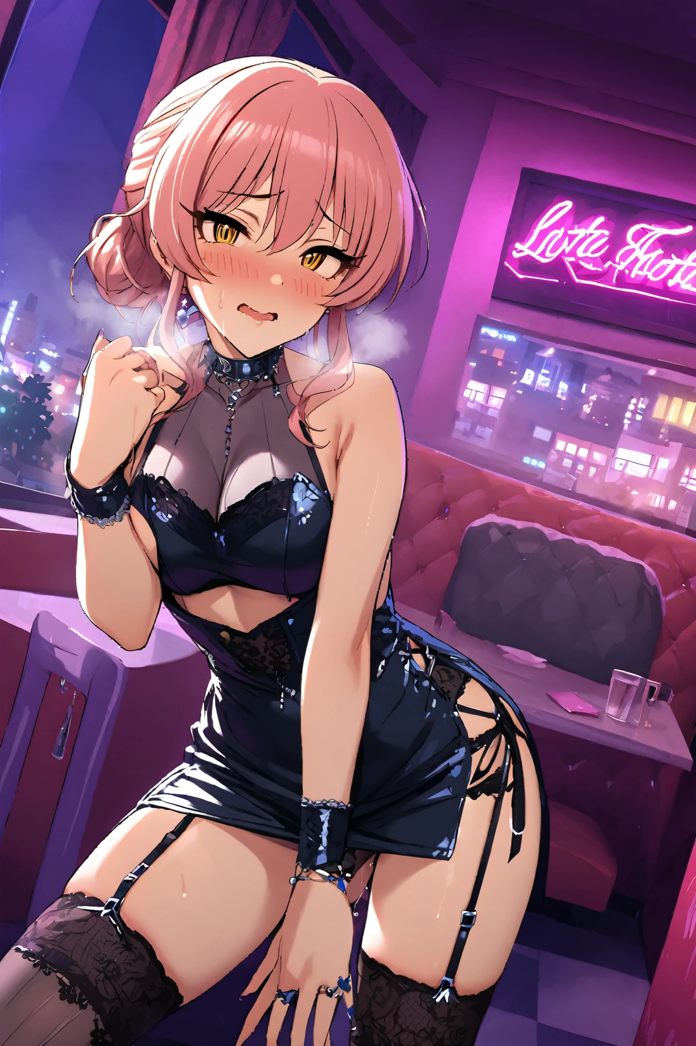 NSFW,masterpiece,Best Quality, Kampala, very detailed ,Mika Jougasaki \( The Idolmaster Cinderella Girls\),Pink Hair、 yellow eyes,(Prostitute),Bodycon, garter straps,Embarrassed,Lustful face,blush,Heavy breathing,Nightlife, love hotel