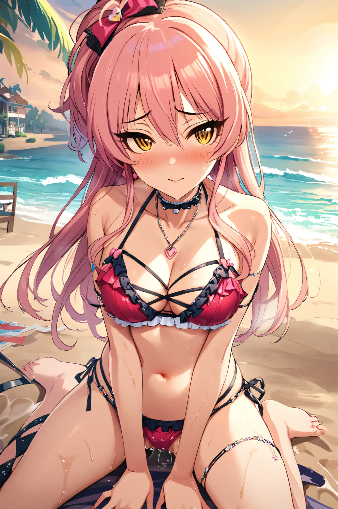 NSFW,masterpiece,Best Quality, Kampala, very detailed ,Mika Jougasaki \( The Idolmaster Cinderella Girls\),Pink Hair、 yellow eyes,(Sex slave), Frill Bikinis, halter neck, Multiple Straps,blush,beach, palm trees,Beach House, the whole body is wet 