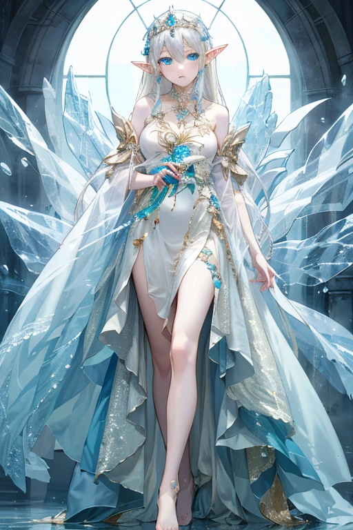 ((Best Quality)), ((masterpiece)), ( Details), Beautiful Elf Girl 、Very young、whole body、
Blue Eyes、 Shining Long Silver Hair Long 、 white skin、Beautiful feet、 normal breasts、
( Delicate Elf Dress、 tiara )、
Mysterious Ice World 、８k
