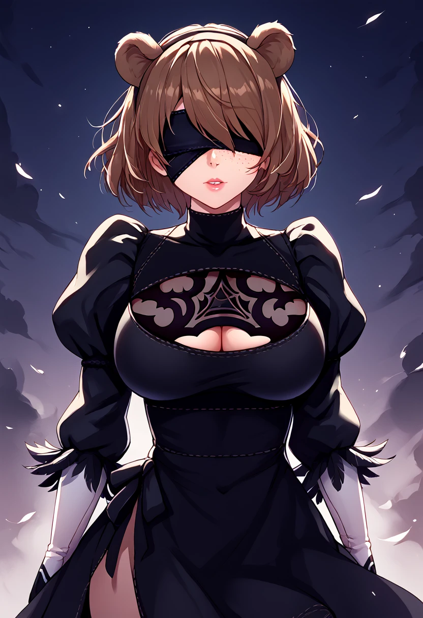 score_9_up, score_8_up, score_7_up, 1girl, solo, source_anime, hourglass figure, Big breasts, kemonomimi, bear ears, brown hair, short hair, messy_hair BREAK freckles, mature lady, 2bcosplay, 2b \(nier\:automata\) \(cosplay\), gloves, long sleeves, dress, puffy sleeves, black dress, clothing cutout, cleavage cutout, juliet sleeves, feather-trimmed sleeves, blindfold, black blindfold, covered eyes, standing, facing viewer, outdoors, destroyed city, dark sky, night sky 