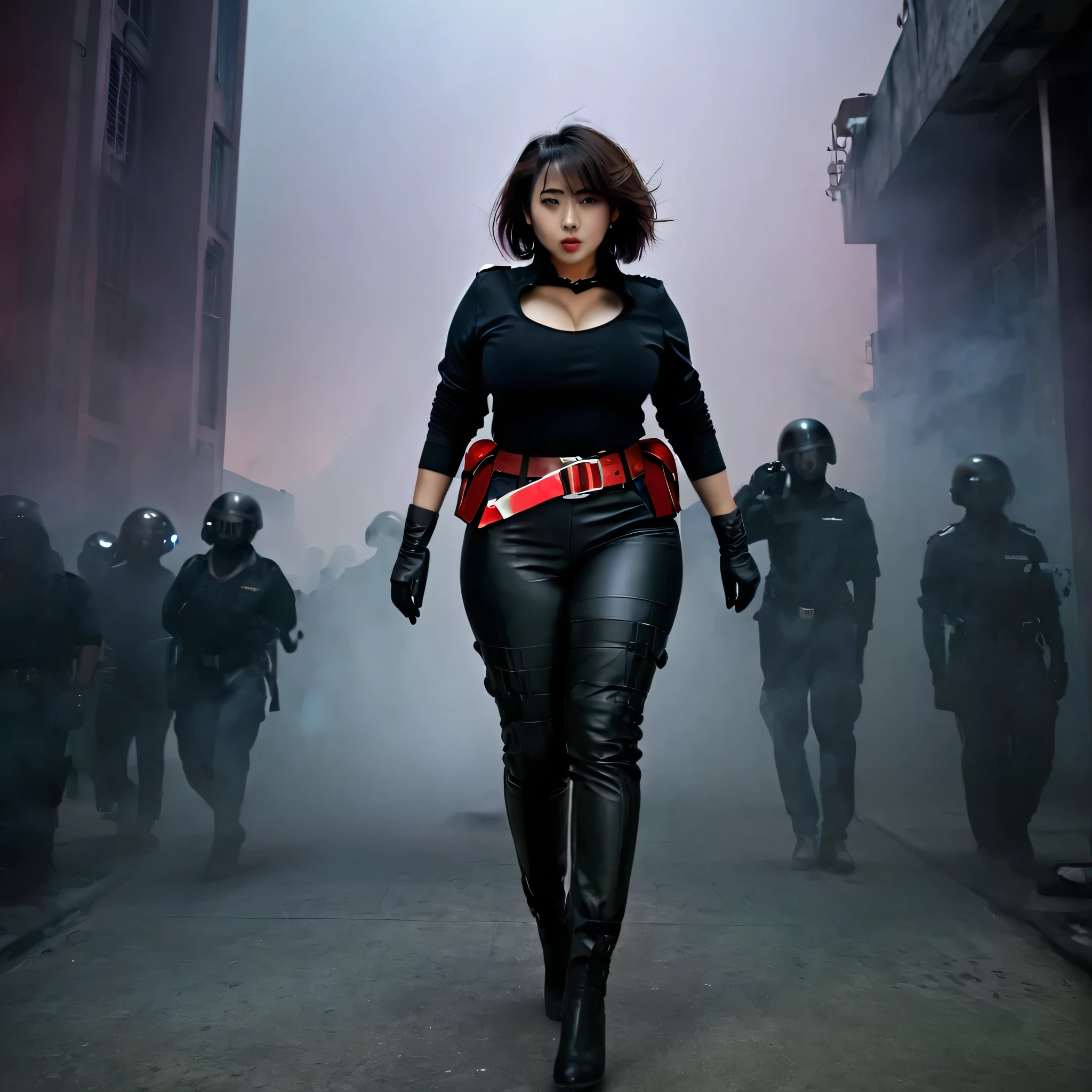 (a chubby woman faces forward, walking, with black clothes, military uniform, long to her calves, wearing a red belt :1.2), black hair, (short disheveled hair without bangs :1.2), long sleeves, black shirt, collar tall, black leather pants、uniform、wide red belt around the waist、((people illustration))、、target audience,, (highest quality: 1.3),A girl, black leather pants、uniform、outdoor 、walking on the ground、ground、brown eyes、tight black shirt、(masterpiece、highest quality)、highest quality, ultra-high resolution, (((masterpiece))), alone, sweat、big eyes、 A girl, front view、embarrassed face、Bronze hair、((short hair) )、walks looking forward, red gloves, walks through a futuristic cyber city in low light, fog, ((with neon lights on tall buildings in the background )) and many other people walking through the streets, ((dark atmosphere)), low light almost gray, with smoke and other people walking in the cyberpunk background