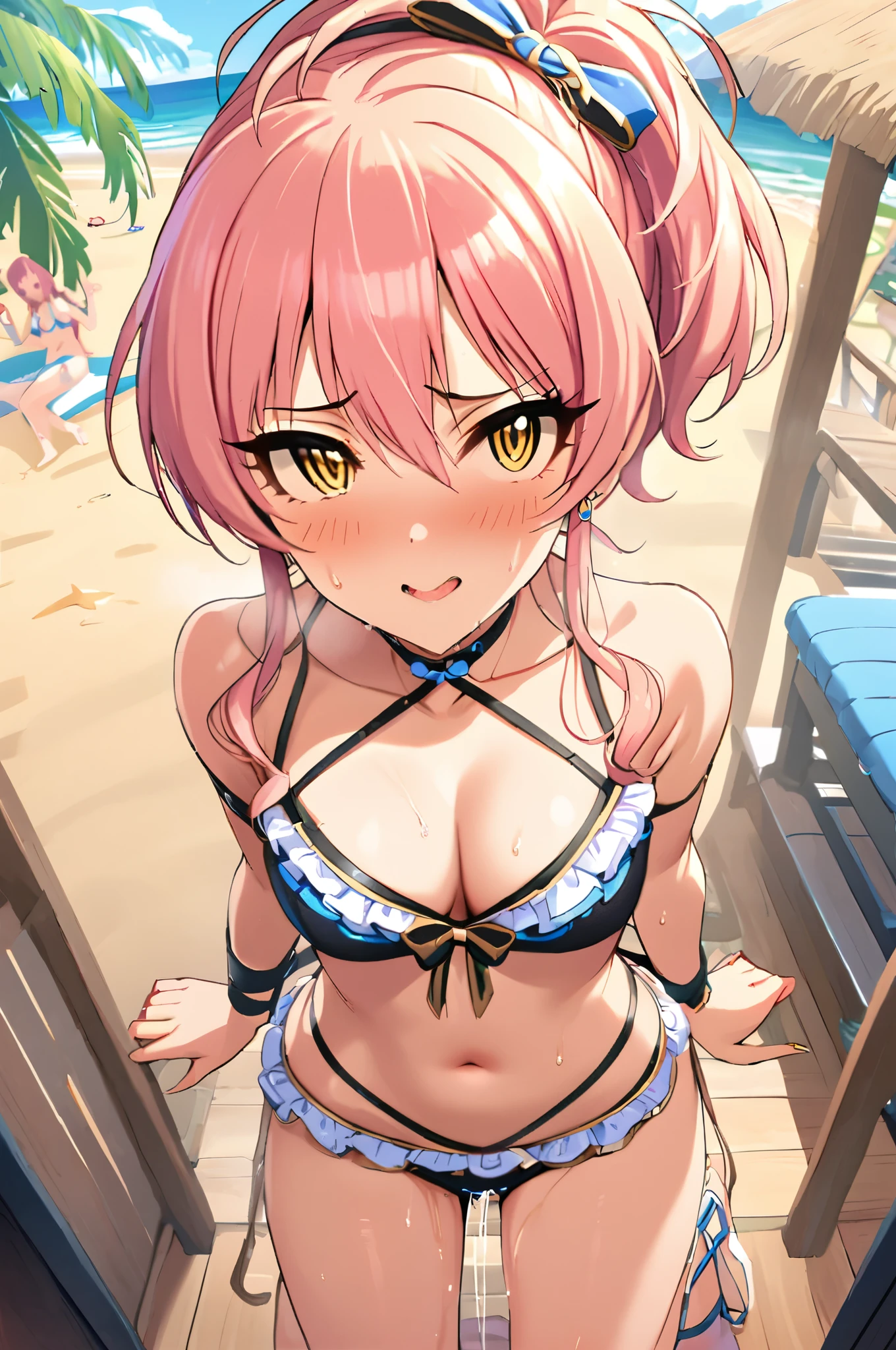 NSFW,masterpiece,Best Quality, Kampala, very detailed ,Mika Jougasaki \( The Idolmaster Cinderella Girls\),Pink Hair、 yellow eyes,(Sex slave), Frill Bikinis, halter neck, Multiple Straps,blush,beach, palm trees,Beach House, the whole body is wet 