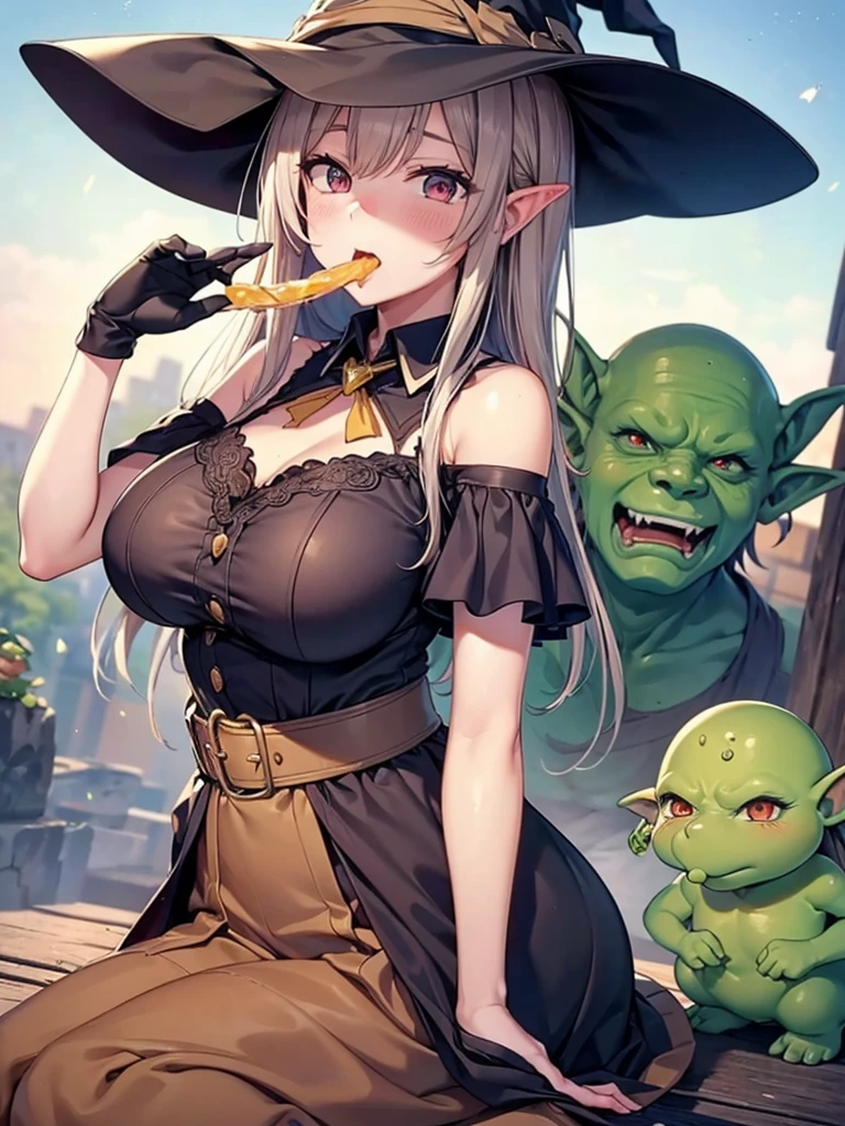 (  Details),  High image quality  ,4K,witch,No.,Big Breasts,One Woman,(   wearing a hat   ), ボロボロの服を着てるwitch,(  The goblin has torn his clothes),セクシーなwitch,  underbust ,1 goblin ,(ゴブリンの反り返った逞しいペニスをwitchが握ります),(witchの頭を掴んでペニスをwitchに当ててください),興奮したwitchとゴブリン, Gently gripping the tip of his penis  ,(ペニスを頬張るwitchがいます),(Liquid in his mouth ),(Powerful goblin ),Side view, I make my eyes into a symbol of hearts ,I have hearts in my eyes ,sweat