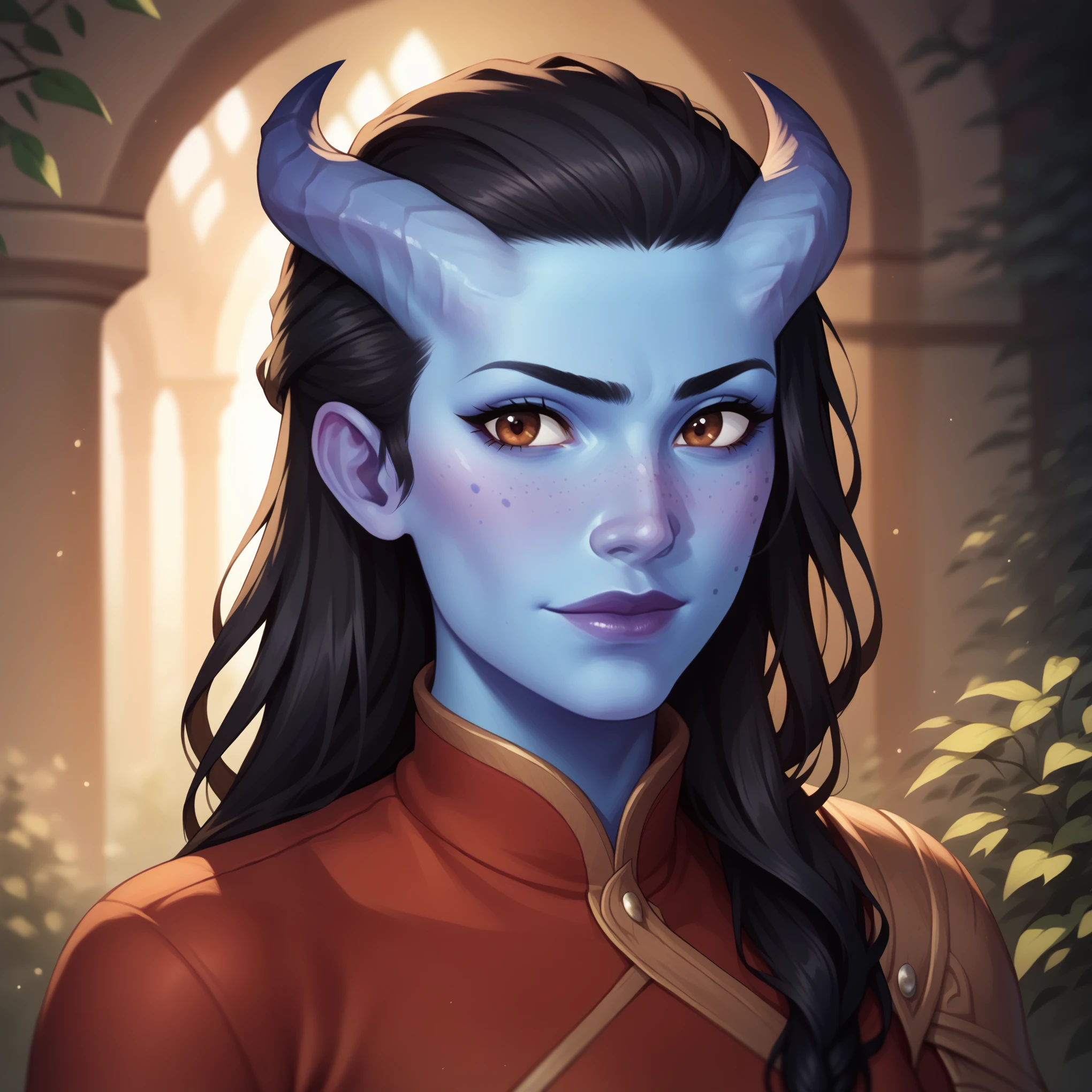 (((beautiful, high quality, comics style, detailed face))), score_9, score_8_up, score_7_up, BREAK, tiefling, ((kiranoir)), long hair, black hair, brown eyes, dark skin, short straight horns, blue skin, blue freckles, white hair, asymmetrical bob, slender, portrait, dressed like a nobleman, blurred background, (dynamic lighting:1.1) ((masterpiece)), easynegative 