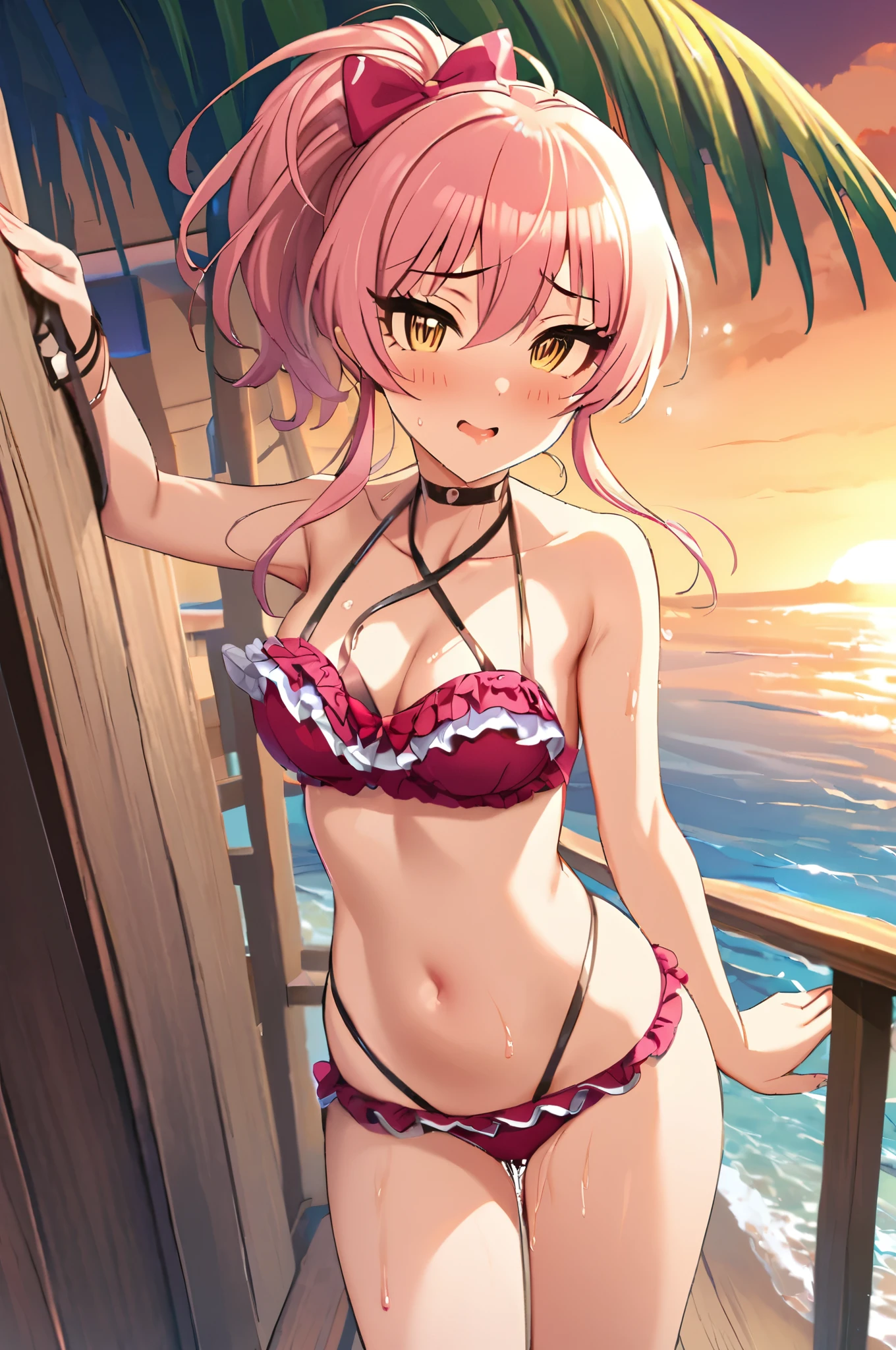 NSFW,masterpiece,Best Quality, Kampala, very detailed ,Mika Jougasaki \( The Idolmaster Cinderella Girls\),Pink Hair、 yellow eyes,(Sex slave), Frill Bikinis, halter neck, Multiple Straps,blush,beach, palm trees,Beach House, the whole body is wet ,Hollow Eyes