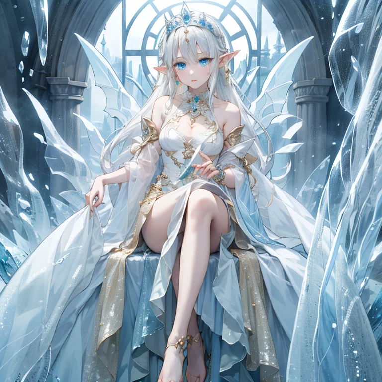 ((Best Quality)), ((masterpiece)), ( Details), Beautiful Elf Girl 、Very young、
Blue Eyes、 Shining Long Silver Hair Long 、 white skin、Beautiful feet、 normal breasts、
( Delicate Elf Dress、 tiara 、Sandals)、 Graceful Posture、
Mysterious Ice World 、８k
