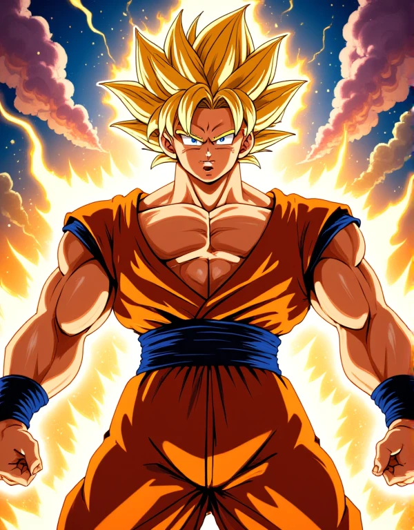 adult man.
Goku super sayajin.
Dragon ball.
Whole body.
32K, HDR, UHD. 