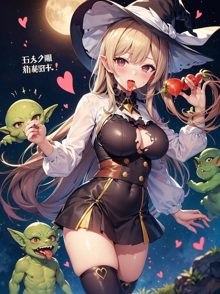 (  Details),  High image quality  ,4K,witch,No.,Big Breasts,One Woman,(   wearing a hat   ), ボロボロの服を着てるwitch,(  The goblin has torn his clothes),セクシーなwitch,  underbust ,1 goblin ,(ゴブリンの反り返った逞しいペニスをwitchが握ります),(witchの頭を掴んでペニスをwitchに当ててください),興奮したwitchとゴブリン, Gently gripping the tip of his penis  ,(ペニスを頬張るwitchがいます),(Liquid in his mouth ),(Powerful goblin ),Side view, I make my eyes into a symbol of hearts ,I have hearts in my eyes ,sweat