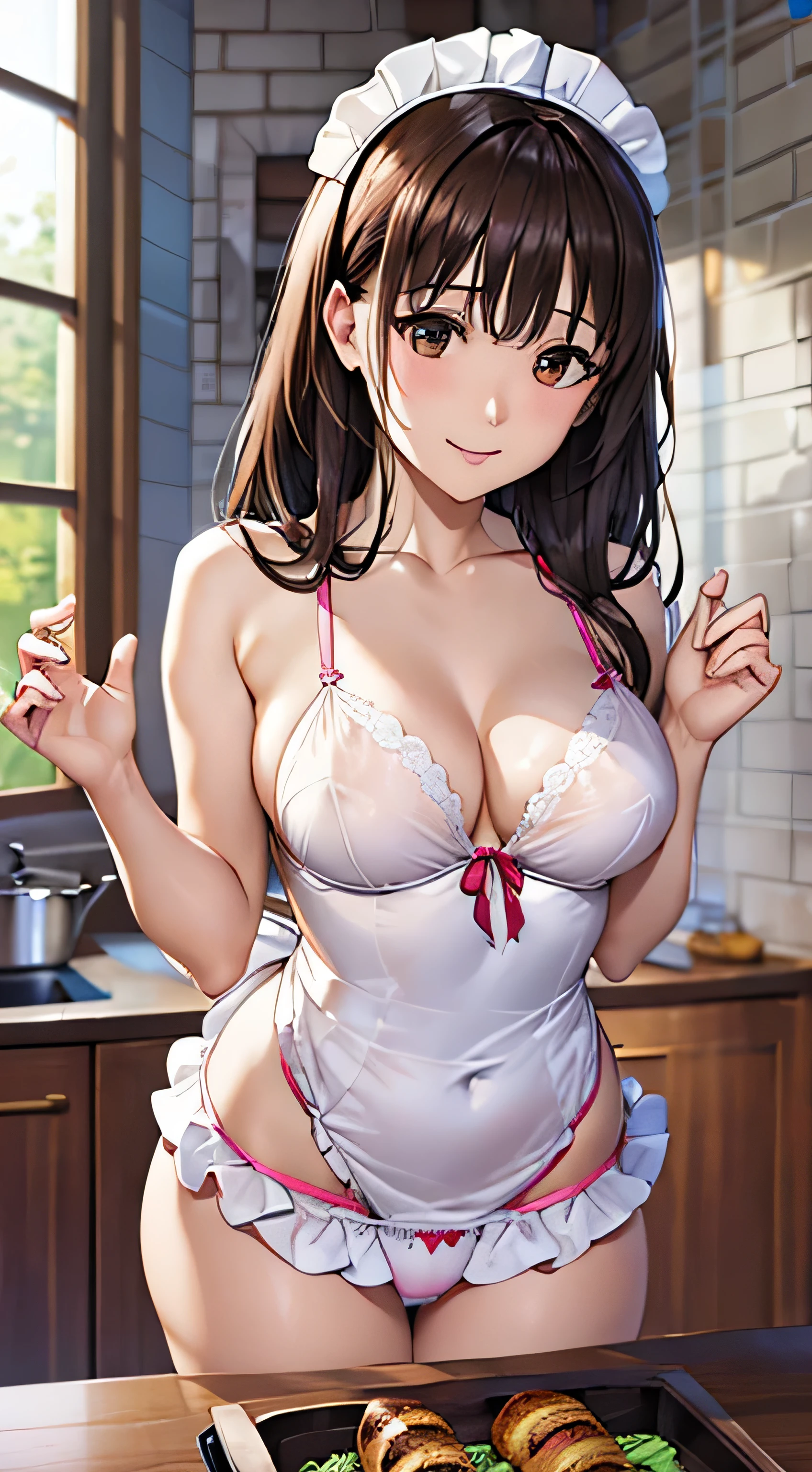 ((Tabletop, highest quality, High resolution, , Pixel perfect, 4K,))), 1 beautiful woman, private teacher、The whole body is visible、 ((Mid-wave hair, bangs, Brown Hair)), ((Brown eyes, Beautiful eyelashes, Realistic eyes)), ((Detailed face, Blushing:1.2)), ((Smooth texture:0.75, Realistic texture:0.65, Realistic:1.1, Anime CG Style)), Mid-chest, Dynamic Angle, Perfect body, (( , ,  No bra、Frill apron, 、)), Cooking in the kitchen、、Very embarrassing panic smile, looked back、Leaning forward、The wind is blowing and my underwear is completely visible、Place both hands on the table、Stick your butt out。Side bust、(White and pink floral lace panties)、Angle from below)、