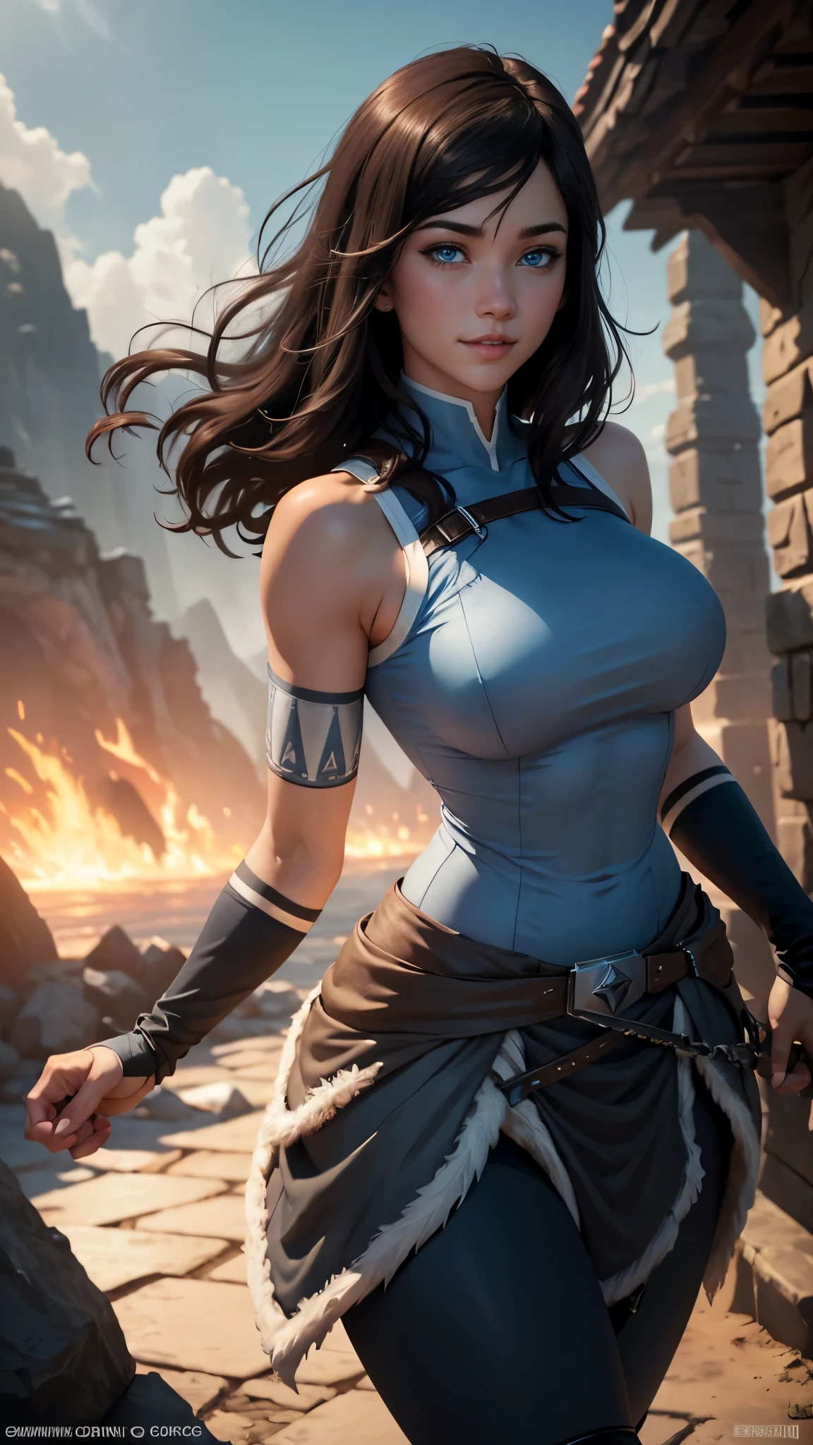 Korra da avatar,(best quality, 4K,8k,high resolution,work of art:1.2)(weather: daylight), artic background, crystal castle, wide hips, short straight hair, brown hair, freckles, sleeveless knight leotard, knight belt, long knight skirt, knight leggings, medieval harness, cleavage, knight boots, elbow long gloves, light makeup, dark eyeliner, blush, flirting pose, glowing eyes, ultra detailed, portrait, realistic, beautiful detailed blue eyes, beautiful detailed lips, extremely detailed eye and face, long eyelashes,average, large breasts, flying hair, beaming smile, sexy smile, powerful girl, bright coloured, dramatic lighting,