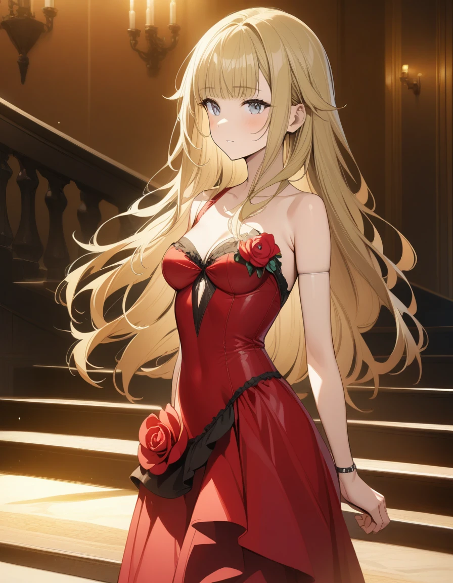 ((masterpiece)),(((best quality))),((ultra-detailed)),((illustration)),((disheveled hair)),((frills)),(1 girl),(solo),high resolution, porcelain skin, ruby red dress, walking down stairs in a mansion, long hair, blonde_hair, grey_eyes, Corsage on the right, Best quality, high quality