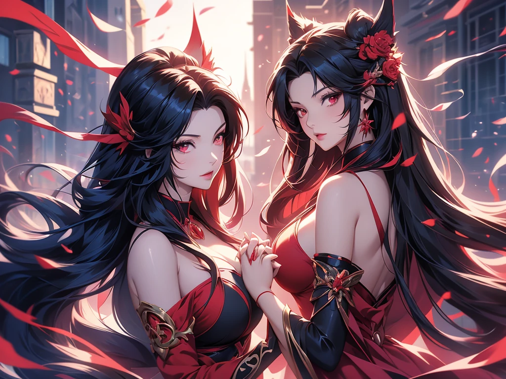 anime girl with long black hair and red dress holding her hand up, rin tohsaka, beautiful anime woman, ilya kuvshinov with long hair, style artgerm, digital anime art, beautiful avatar pictures, artgerm. anime illustration, artgerm style, anime woman, anime styled digital art, beautiful alluring anime teen
