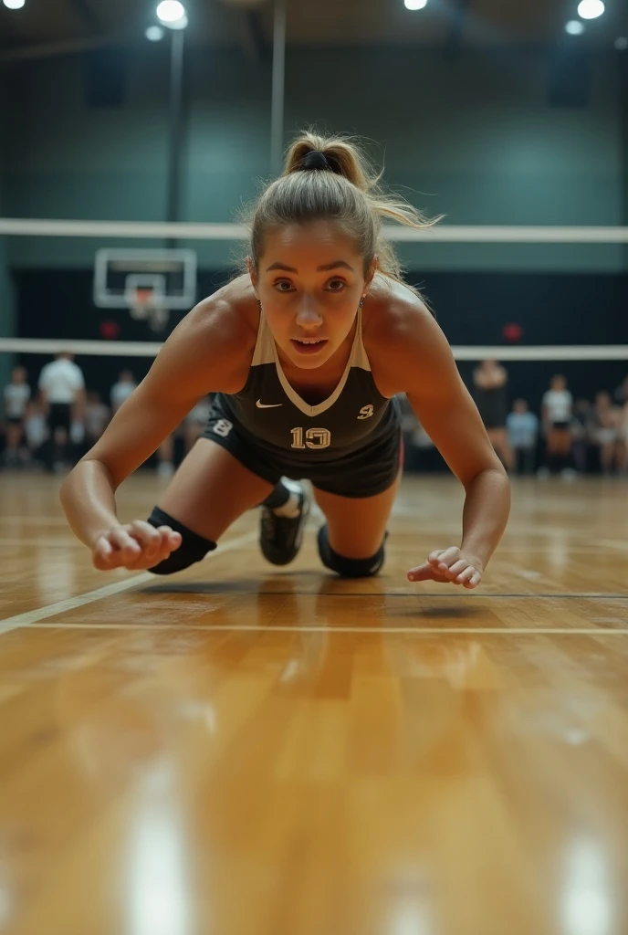 captured from side, most beautiful 16yo girl, volleyball player, beautiful detailed face, beautiful detailed eyes, dirty-blonde-with-highlights hair in a ponytail, excellent female figure, very tightly-fitted long sleeve jersey top, black very short very tightly-fitted booty-hugging volleyball shorts, ((large round perfect sexy ass, thicc toned thighs)), very narrow very fit stomach, medium natural breasts, standing on the court in the gymnasium, leaning forward, knees bent in a half-squat, ((hands on knees)), near her teammates, surrounded by fans in the bleachers, opposing team visible behind net, (masterpiece, highres, 8k,ultra-detailed, best quality:1.2), (photorealistic,photo-realistic,realistic:1.2), (associated press, award winning, sports action, close up, cover, natural lighting, natural shadow, best depth of field, bokeh, impeccable timing:1.2), (physically-based rendering, anatomically perfect:1.2)