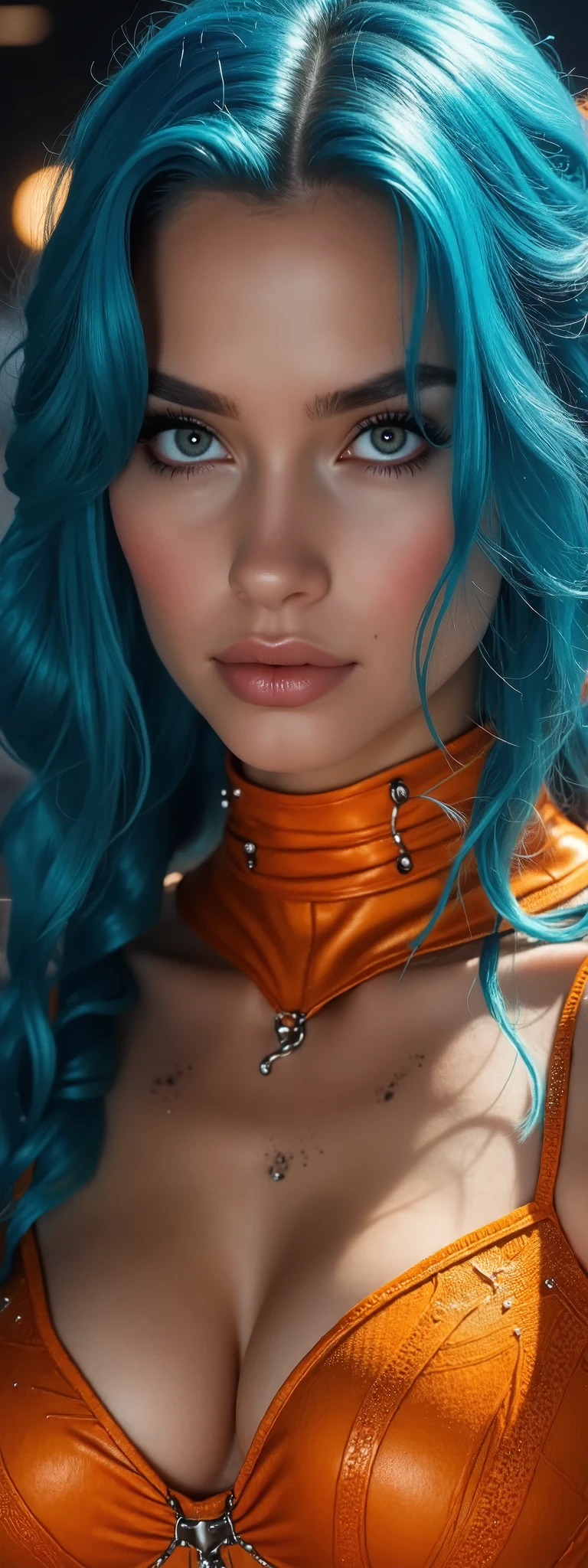 (masterpiece, best quality:1.2), 1 girl, solo,( LeeLoo from movie "The Fifth Element"), photorealistic, 8k, detailed facial features, (expressive eyes), striking blue hair,  (intricate orange skimpy bandage costume design), dramatic lighting, (futuristic background), cyberpunk atmosphere