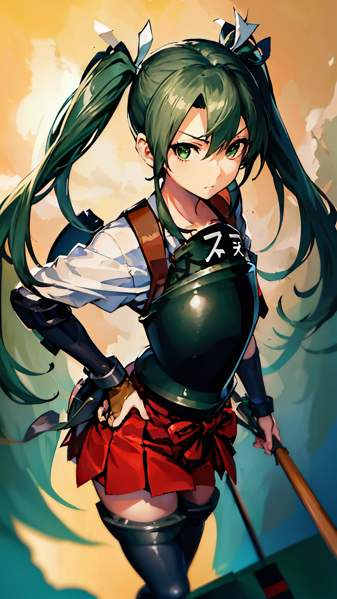 8k high resolution (Super detailed), masterpiece, (Best Quality)　 anime illustration　Detailed eyes, Detailed face　Detailed hands　Fine hair　 Very Exquisite Body、 fine skin　One Girl　 Kantai Collection_Zuikaku　 long hair、 twin tails、 Hair Ribbon 、Green Eyes　Green Hair　White hair clip　breastplate　Red skirt　Thumbtuck Glove 　Standing posture　Full body view　Vibrant