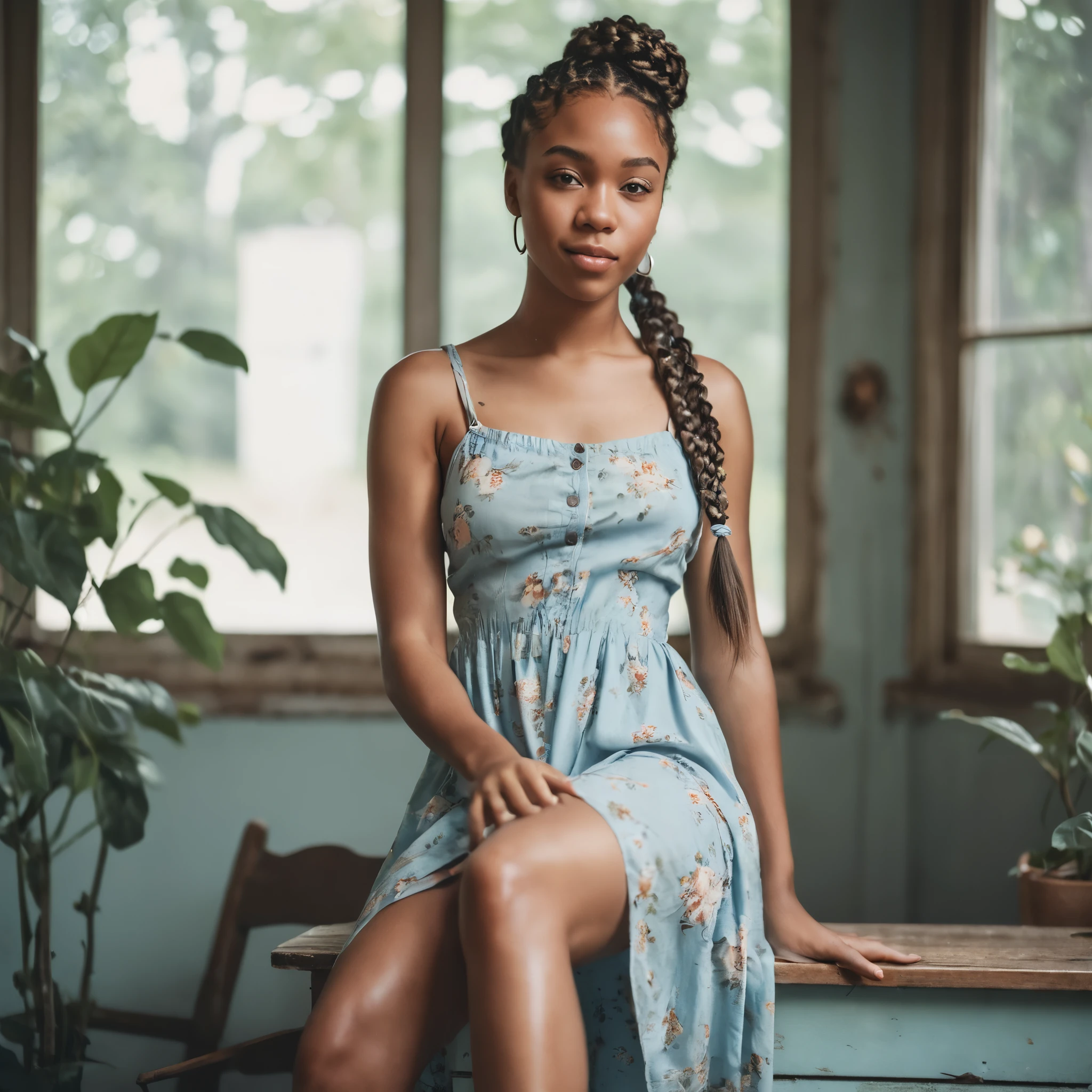 [A young black woman with ((light skin)) and braided hair, posing in a light blue floral sundress with a thigh-high slit,  appearing relaxed and slightly playful], [Casual portrait photography,  with a slightly vintage oltered aesthetic ], [Similar color grading and casual feel to some of the work found on Instagram and TikTok], [Soft, natural lighting, possibly indoor.  Slightly desaturated colors with a warm tone.  The background is blurred and indistinct, focusing attention on the subject.  A filter has been applied, giving a slightly dreamy or nostalgic feel. The image has a slightly grainy texture.  The overall mood is carefree and summery.]