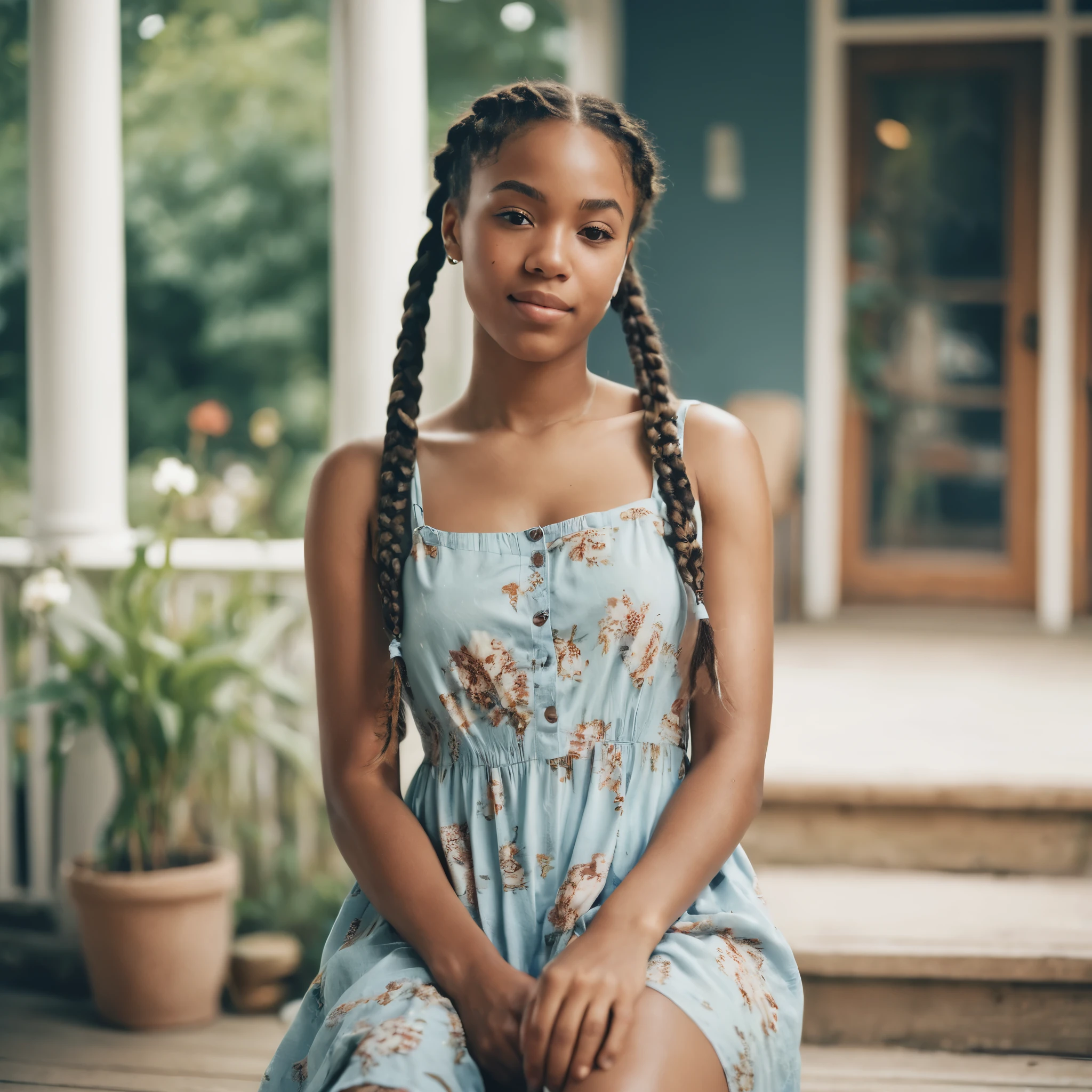 [A young black woman with ((light skin)) and braided hair, posing in a light blue floral sundress with a thigh-high slit,  appearing relaxed and slightly playful], [Casual portrait photography,  with a slightly vintage oltered aesthetic ], [Similar color grading and casual feel to some of the work found on Instagram and TikTok], [Soft, natural lighting, possibly indoor.  Slightly desaturated colors with a warm tone.  The background is blurred and indistinct, focusing attention on the subject.  A filter has been applied, giving a slightly dreamy or nostalgic feel. The image has a slightly grainy texture.  The overall mood is carefree and summery.]