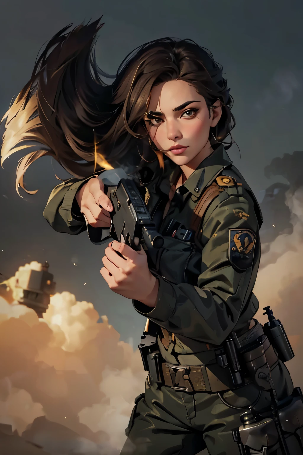 stunning noa kirel as israeli woman in the army Uniform、brown eyes、Golden Hair、Night Street、Backlight、upskirt , The wind is blowing、She is looking at the vierwer, smoking gun pointed directly at the viewer, detailed realistic hyperrealistic gun, smoke coming from the barrel, clenched hands on the trigger, POV perspectice, symmetrical