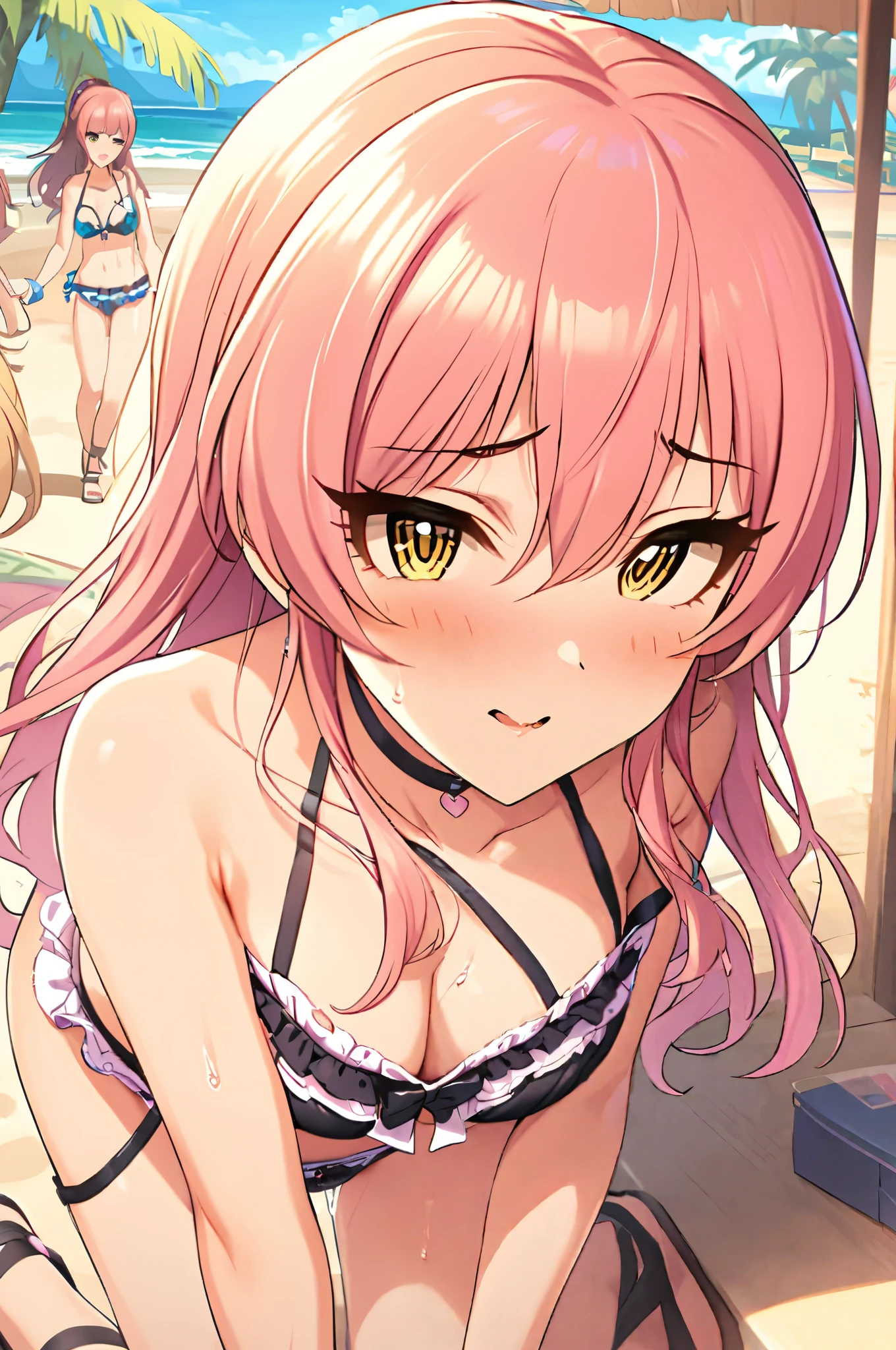 NSFW,masterpiece,Best Quality, Kampala, very detailed ,Mika Jougasaki \( The Idolmaster Cinderella Girls\),Pink Hair、 yellow eyes,(Sex slave), Frill Bikinis, halter neck, Multiple Straps,Feeling face,blush,beach, palm trees,Beach House, the whole body is wet ,