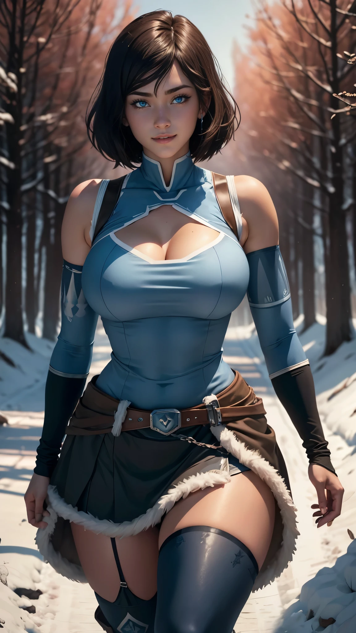 Korra da avatar,(best quality, 4K,8k,high resolution,work of art:1.2)(weather: daylight), winter forest background, winter palace, wide hips, short straight hair, brown hair, freckles, sleeveless knight leotard, knight belt, long knight skirt, fishnet stockings, medieval harness, cleavage, knight boots, elbow long gloves, light makeup, dark eyeliner, blush, cute pose, glowing eyes, ultra detailed, portrait, realistic, beautiful detailed blue eyes, beautiful detailed lips, extremely detailed eye and face, long eyelashes,average, large breasts, flying hair, beaming smile, sexy smile, powerful girl, bright coloured, dramatic lighting,