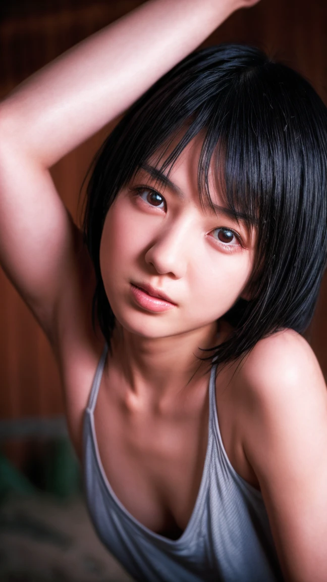 ((Petite women,  sensual woman,  no makeup in the coal mine, 柔らかい笑face)), (((Small eyes, length, Narrow eyes,  Black Hair ,  short bob hair))), ( full body portrait ,  short hair, Small breasts,  wearing a white t-shirt , Protruding nipples, Thick pubic hair),  white skin, Glossy pale lips, skinny, Body Type,  delicate and sexy collarbone, Best Quality, RAW photo, Realistic, face,  so beautiful, cute, Written border depth,  Kampala, 超 Details,  Details, Very  Details, extremely  Details eye and face, Sharp pupils,  sharp concentration , Cinema Lighting