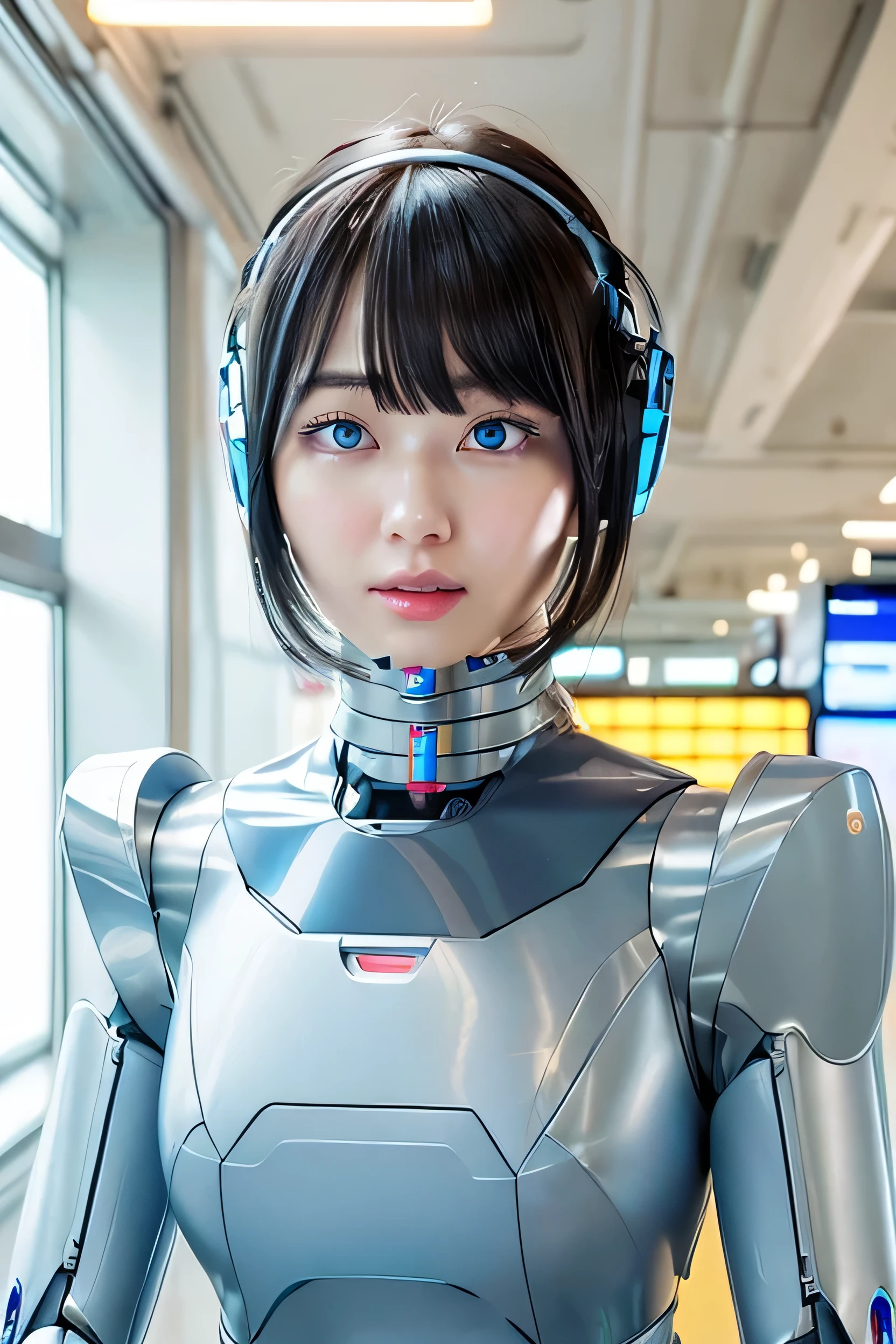 masterpiece, best quality, extremely detailed, Japaese android girl,Plump , control panels,android,Droid,Mechanical Hand, Robot arms and legs, Black Robot Parts,Black hair,Mechanical body,Blunt bangs,White robotics parts,perfect robot girl,future information counter,reception,long tube,thick cable connected her neck,ceramic body ,mechanical body,mechanical costume,android,robot,humanoid,cyborg,information office,japanese android receptionist ,mechanical chest,blue eyes,office-lady