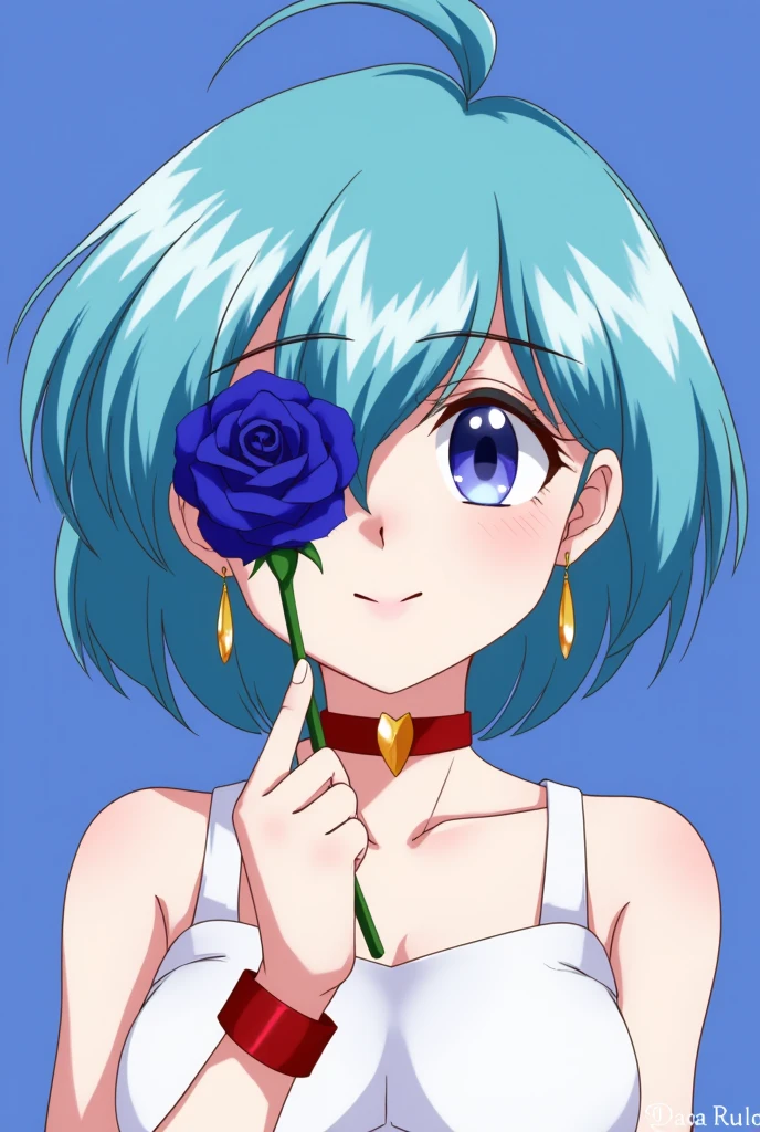 Blue Hair，1girl, Alone, short hair, simple background, brown hair, black hair, holding, jewelry, collarbone, closed eyes, flower, Flowers placed in front of one eye,earrings, parted lips, choker, artist name, necklace, lips, eyelashes, makeup, rose, watermark, blue background, lipstick, portrait, facing viewer, web address, blue flower, blue theme, holding flower, red lips, blue rose