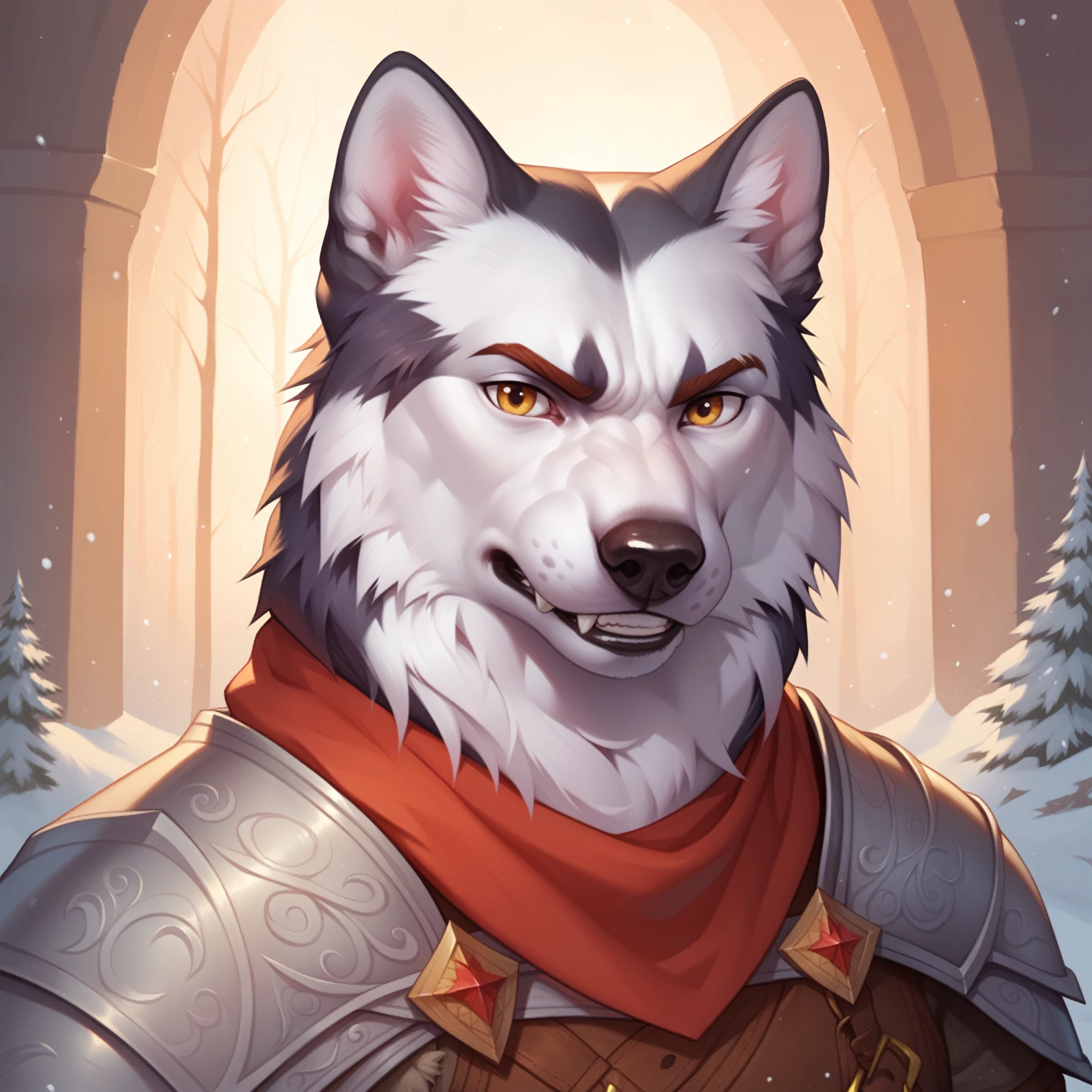 (((beautiful, high quality, comics style, detailed face))), score_9, score_8_up, score_7_up, BREAK, 1boy, anthro Siberian husky, (Siberian husky:1.5), (auburn and white fur:1.3), dog, wearing knight armor, knight, male focus, solo, portrait, upper body, portrait, angry expression, growl, bearing teeth, snowy background, fantasy, (dynamic lighting:1.1) ((masterpiece))
