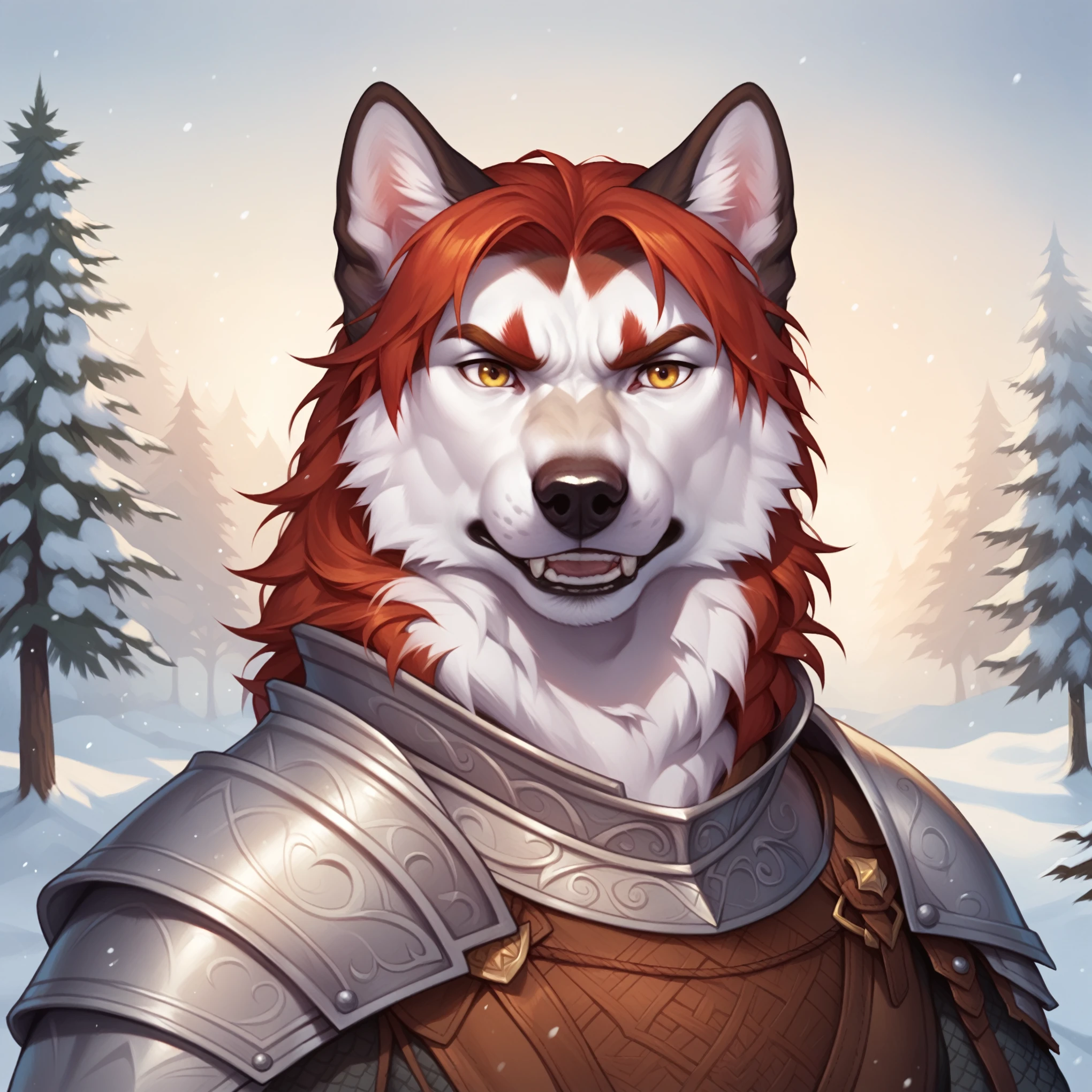 (((beautiful, high quality, comics style, detailed face))), score_9, score_8_up, score_7_up, BREAK, 1boy, anthro Siberian husky, (Siberian husky:1.5), (auburn and white fur:1.3), dog, wearing knight armor, knight, male focus, solo, portrait, upper body, portrait, angry expression, growl, bearing teeth, snowy background, fantasy, (dynamic lighting:1.1) ((masterpiece))