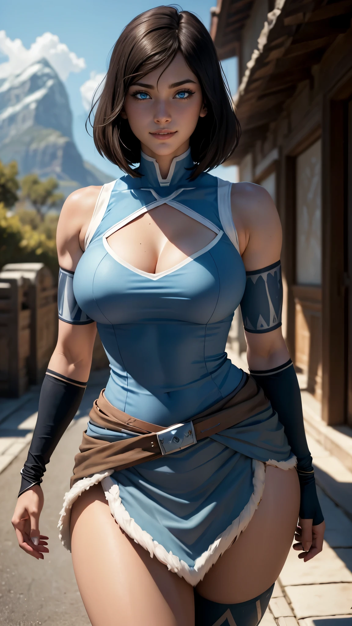 Korra da avatar,(best quality, 4K,8k,high resolution,work of art:1.2)(weather: daylight), mountain valley background, jade palace, wide hips, short straight hair, brown hair, freckles, sleeveless knight leotard, knight belt, long knight skirt, knight leggings, medieval harness, cleavage, knight boots, elbow long gloves, light makeup, dark eyeliner, blush, flirting pose, glowing eyes, ultra detailed, portrait, realistic, beautiful detailed blue eyes, beautiful detailed lips, extremely detailed eye and face, long eyelashes,average, large breasts, flying hair, beaming smile, sexy smile, powerful girl, bright coloured, dramatic lighting,