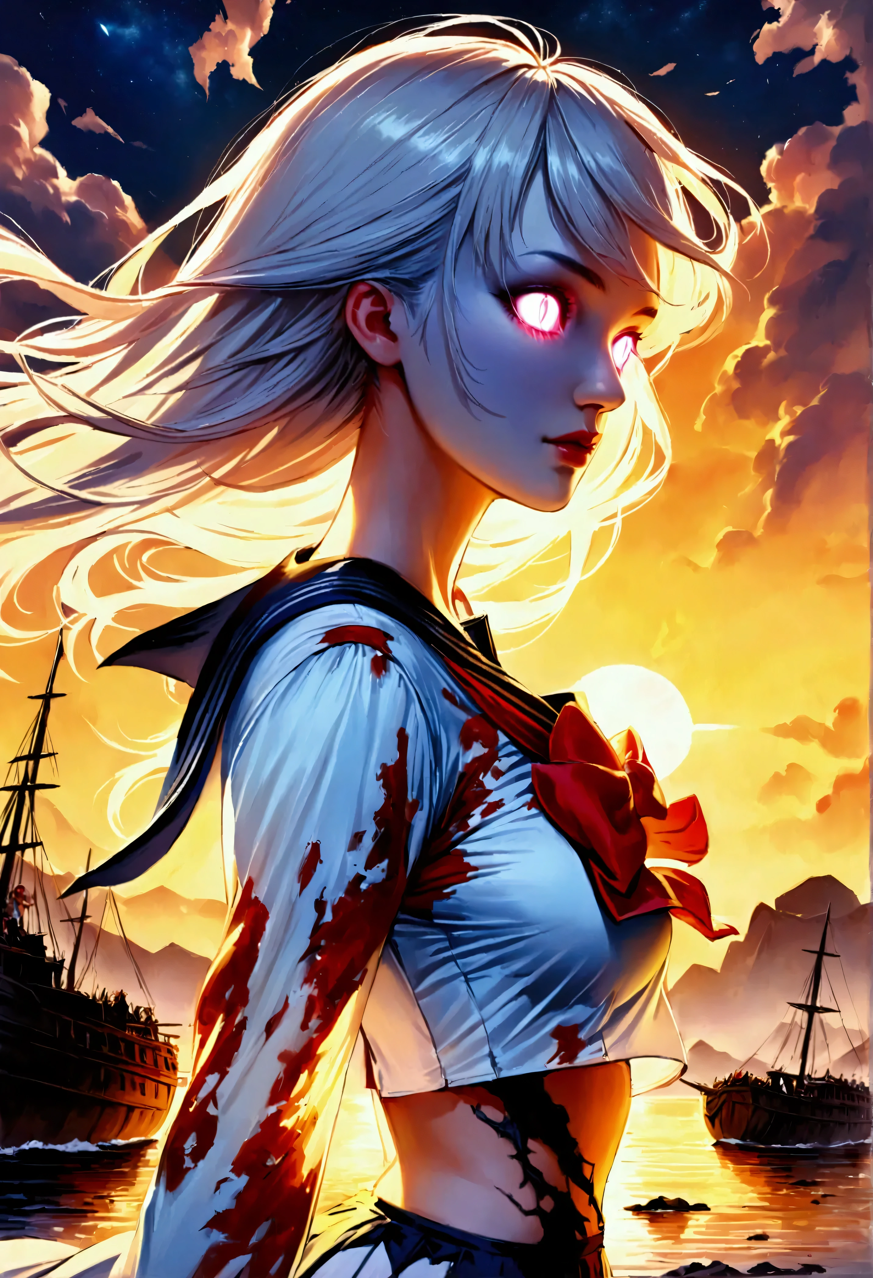 a fantasy art of a pale ghost of a female sailor haunting a wrecked ship, female ghost sailor, (pale white skin: 1.3), glowing eyes, wearing (tattered sailor uniforms: 1.2), ancient wrecked ship background, night time, stars in the sky, heavy clouds, sense of death, sense of dread, best quality, 16k, ultra detailed, masterpiece, best quality, (extremely detailed), dynamic angle, ultra wide shot, photorealistic, RAW, fantasy art, dnd art, fantasy art, realistic art, manga style