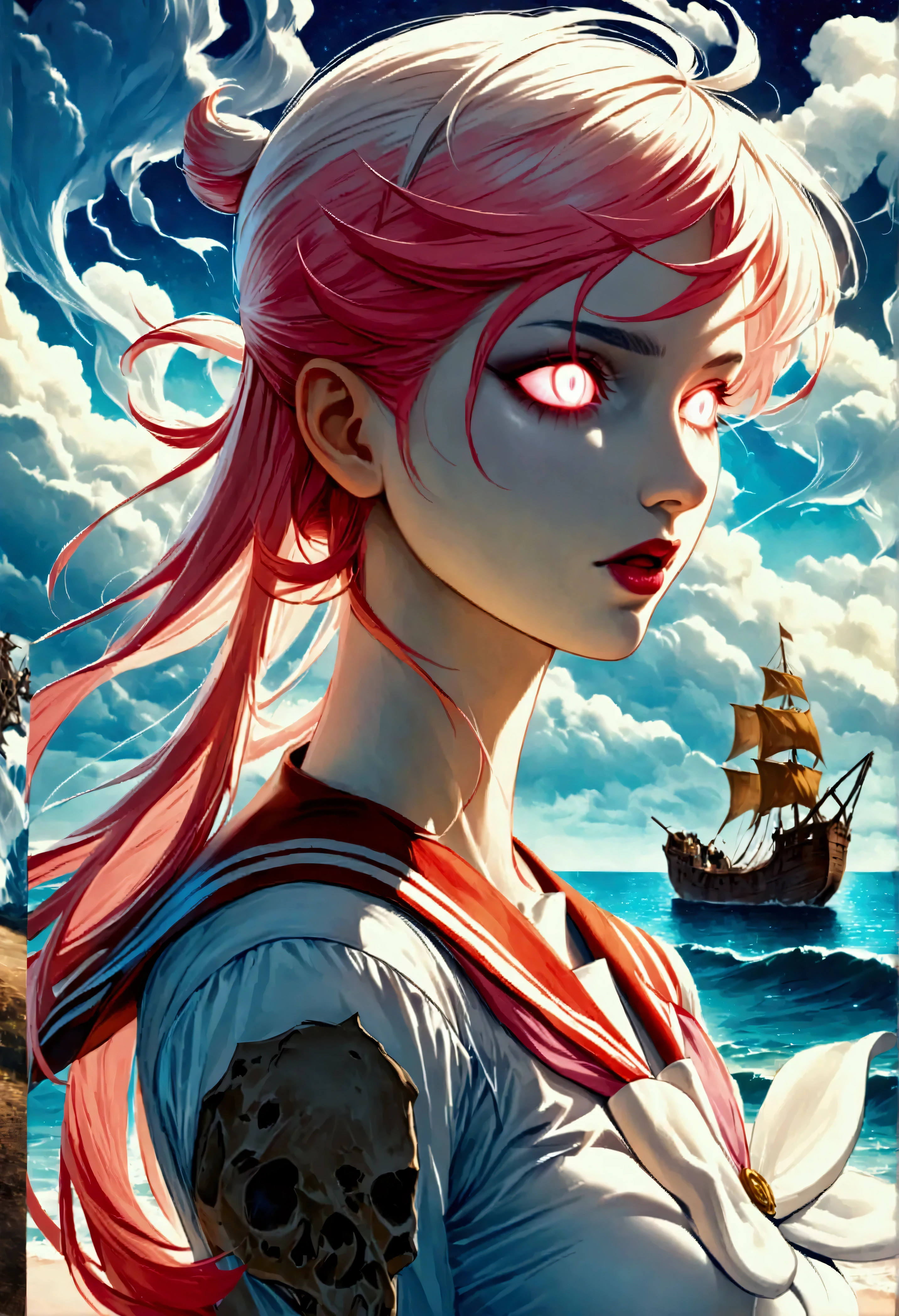 a fantasy art of a pale ghost of a female sailor haunting a wrecked ship, female ghost sailor, (pale white skin: 1.3), glowing eyes, wearing (tattered sailor uniforms: 1.2), ancient wrecked ship background, night time, stars in the sky, heavy clouds, sense of death, sense of dread, best quality, 16k, ultra detailed, masterpiece, best quality, (extremely detailed), dynamic angle, ultra wide shot, photorealistic, RAW, fantasy art, dnd art, fantasy art, realistic art, manga style