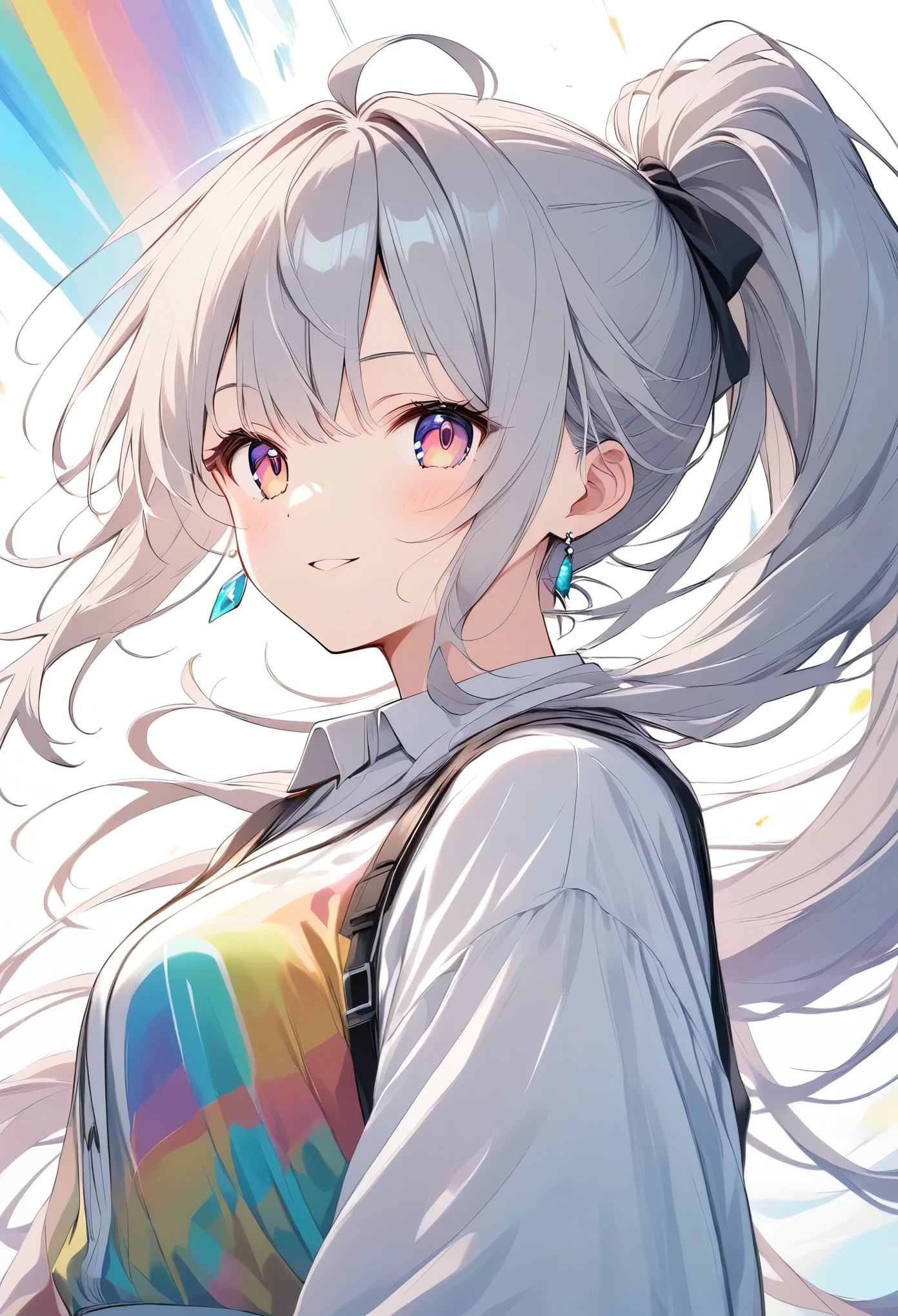 Light line drawing、 bright color、ROUGH、Gray Hair、 long ponytail、Slit eyes、Beautiful older sister、Futuristic Background、SF、Dazzling Light、colorful color line