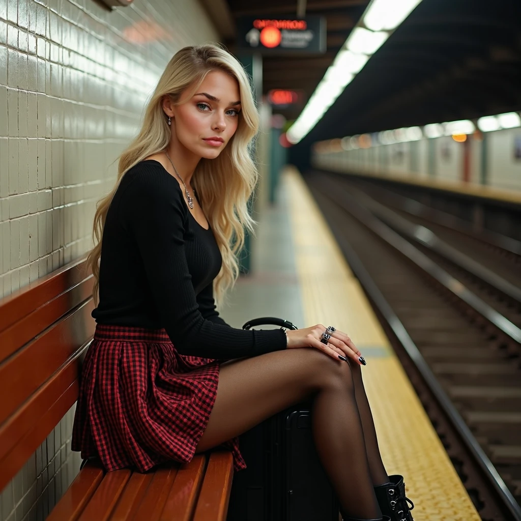 Beautiful young blonde woman completely naked, lightly tanned skin, sitting at a bus stop next to a man jogging