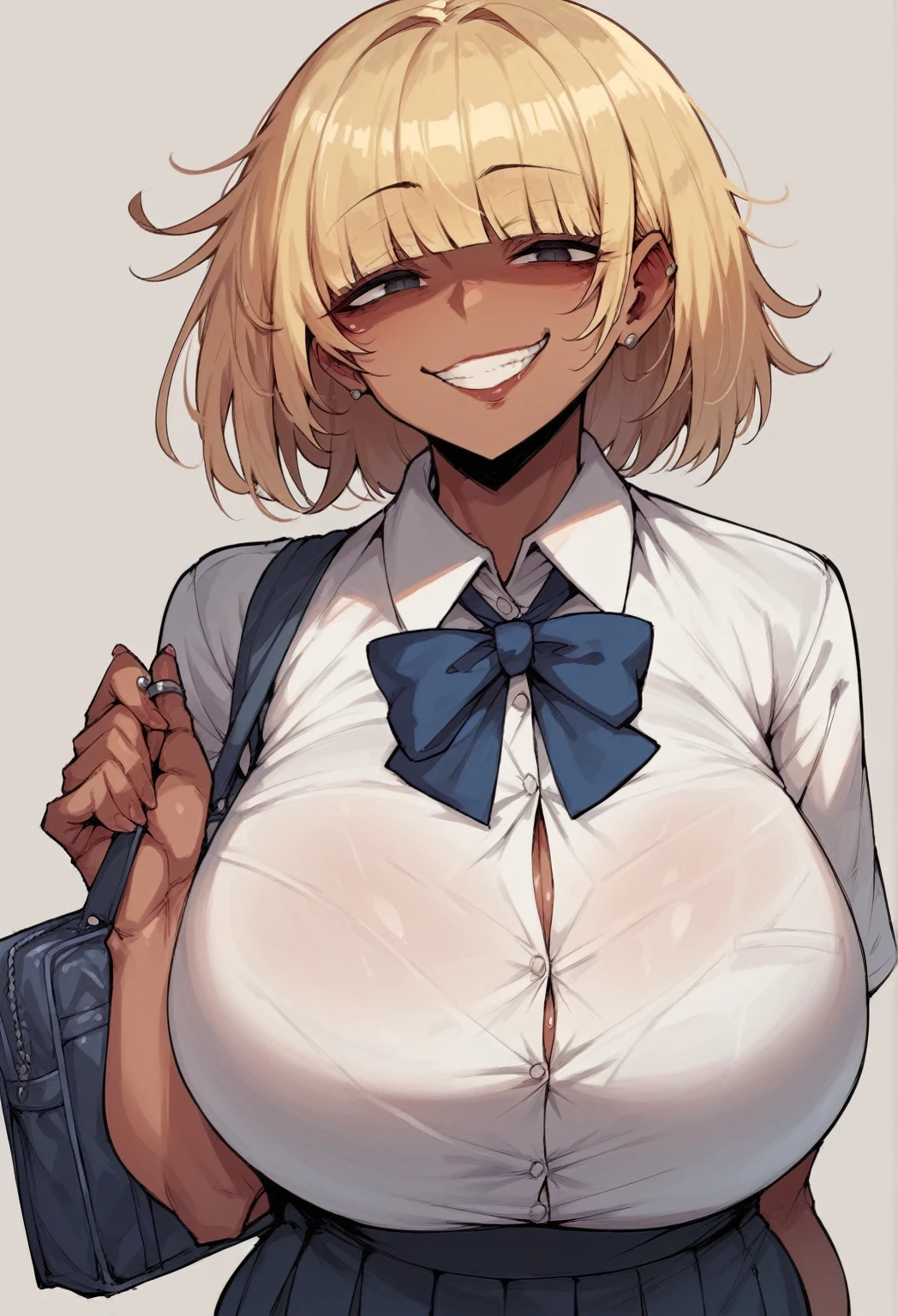 blonde, Dark skin, Conserved, sly smile, Huge breasts,  school clothes , School uniform, fringe over the eyes