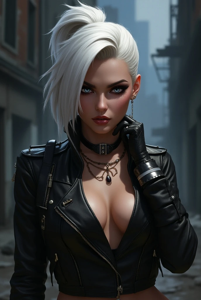 ((hyper realism)), photo realism , emmanorts as solo 1girl cyberpunk, in cyberpunk atmosphere, good lighting, torso shot, silver jacket, large breast, focus on face, Focus light and create sharp, defined edges