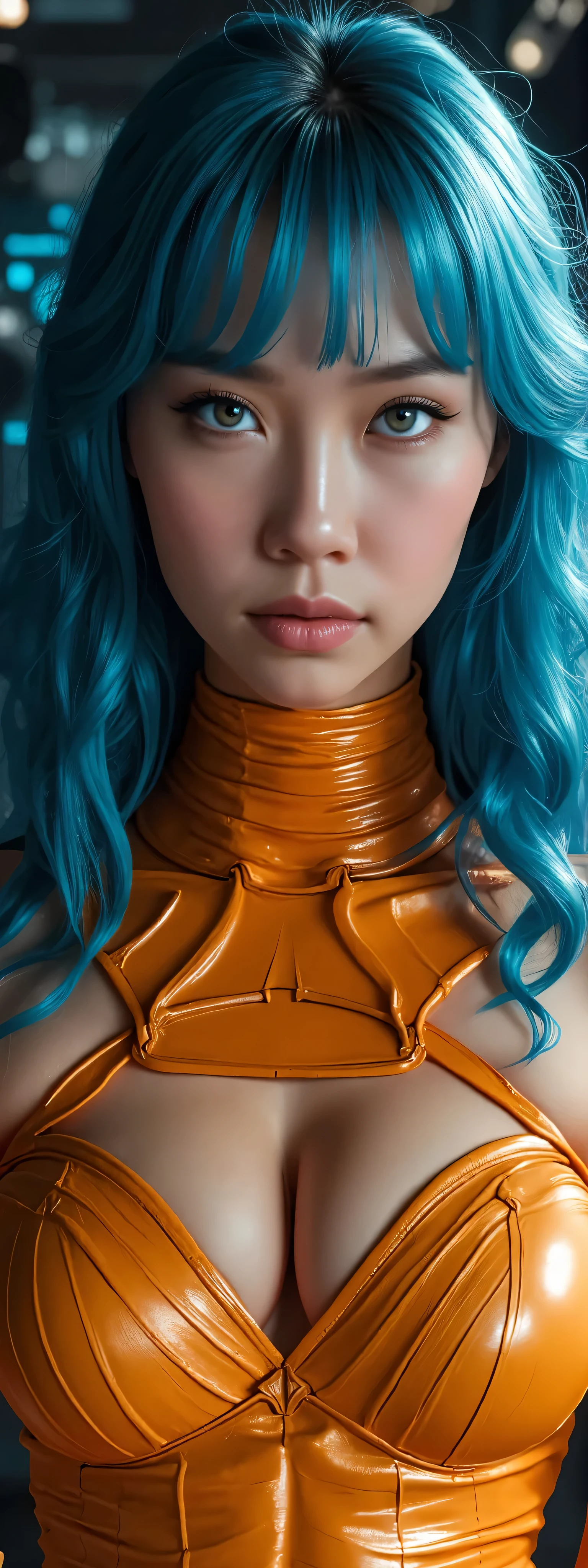 (masterpiece, best quality:1.2), 1 girl, solo,( LeeLoo from movie "The Fifth Element"), photorealistic, 8k, detailed facial features, (expressive eyes), striking blue hair,  (intricate orange skimpy bandage costume design), dramatic lighting, (futuristic background), cyberpunk atmosphere