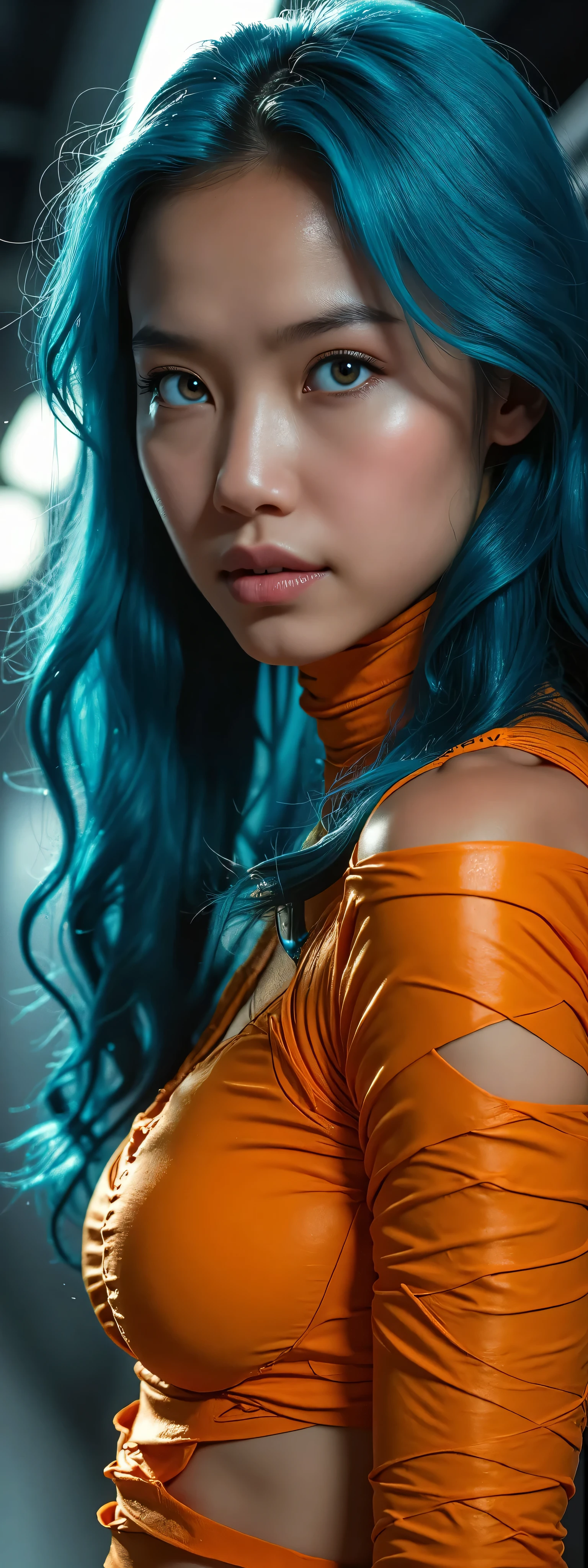 (masterpiece, best quality:1.2), 1 girl, solo,( LeeLoo from movie "The Fifth Element"), photorealistic, 8k, detailed facial features, (expressive eyes), striking blue hair,  (intricate orange skimpy bandage costume design), dramatic lighting, (futuristic background), cyberpunk atmosphere