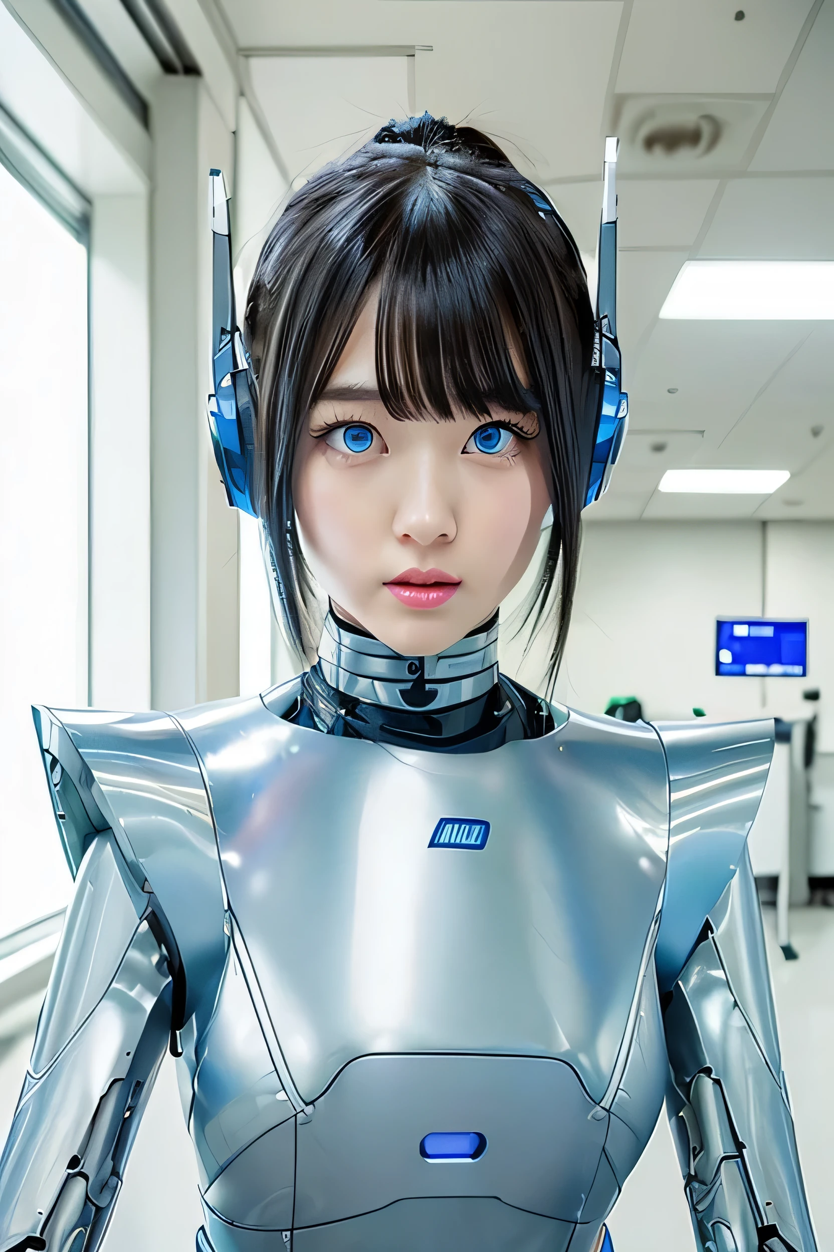 masterpiece, best quality, extremely detailed,  Japaese android girl,Plump , control panels,android,Droid,Mechanical Hand, Robot arms and legs, Black Robot Parts,Black hair,Mechanical body,Blunt bangs,White robotics parts,perfect robot girl,future information counter,reception,long tube,thick cable connected her neck,ceramic body ,mechanical body,mechanical costume,android,robot,humanoid,cyborg,information office,japanese android receptionist ,mechanical chest,blue eyes,office-lady