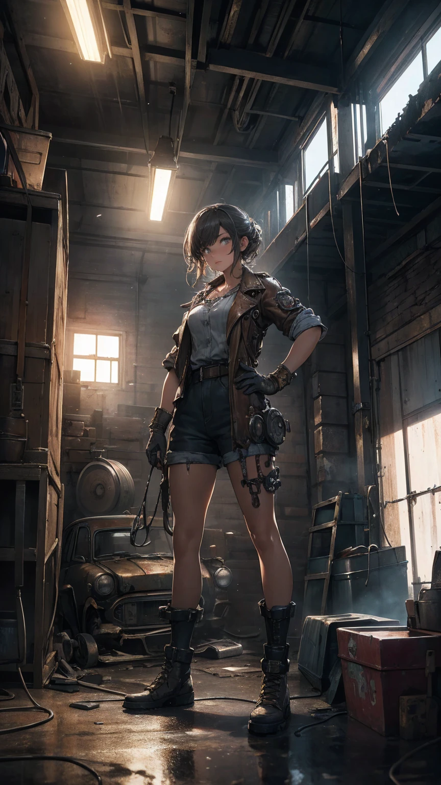 a girl repairing an old car in a garage, highly detailed machinery, dilapidated factory, scattered floor, best quality, 8k, hyperrealistic, photorealistic, ultra-detailed, physically-based rendering, extreme detail description, professional, vivid colors, studio lighting, dramatic lighting, moody atmosphere, gritty industrial, mechanical, steampunk