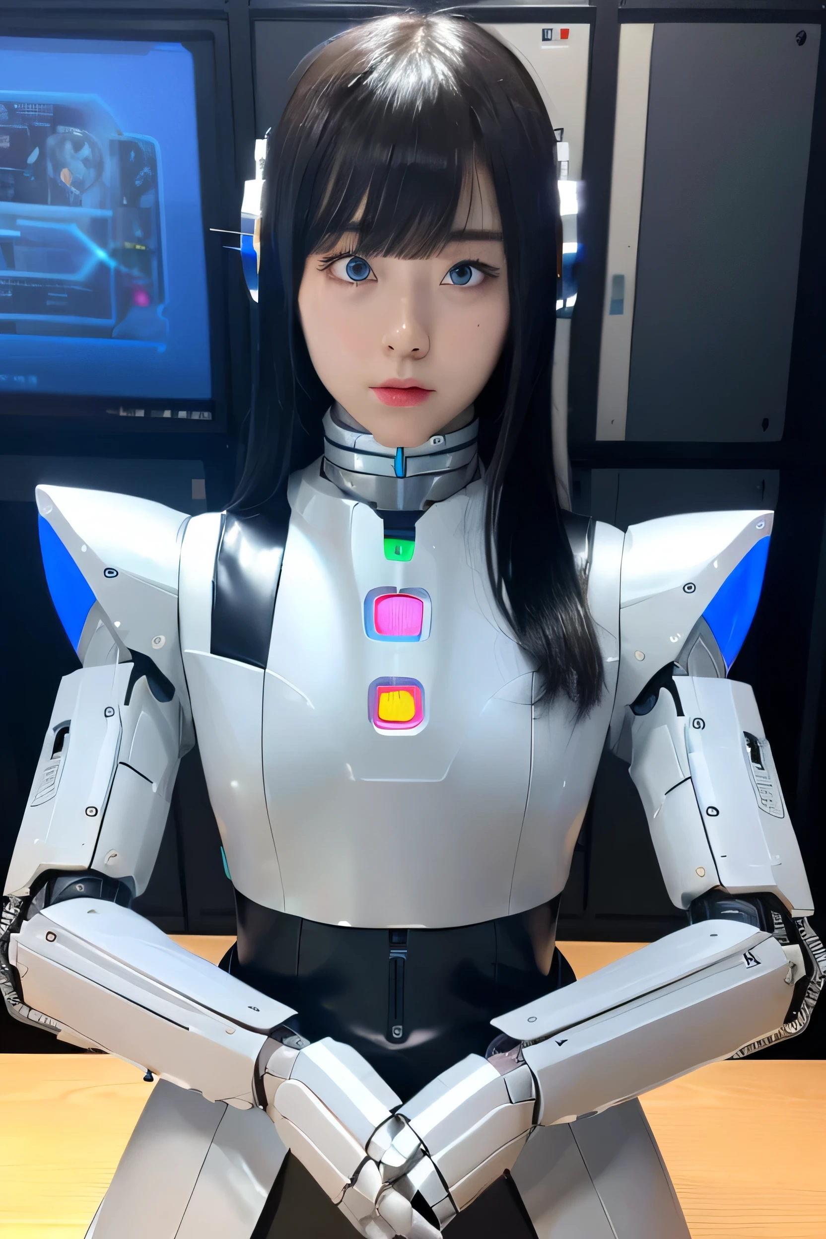 masterpiece, best quality, extremely detailed, Japaese Cyborg Girl,Plump ,navy pleated miniskirt,black tights,control panels,android,Droid,Mechanical Hand, ,clothes with a sense of mechanical technology, Robot arms and legs, Black Robot Parts,Black hair,Mechanical body,Blunt bangs,White abdomen,White robotics parts,tube dress,perfect robot woman,future laboratory,cyber pank,charging spot,android factory,robot factory,cyborg factory,long tube,thick cable connecting her neck,ceramic body ,blue eyes,smechanical body, android,robot humanoid,