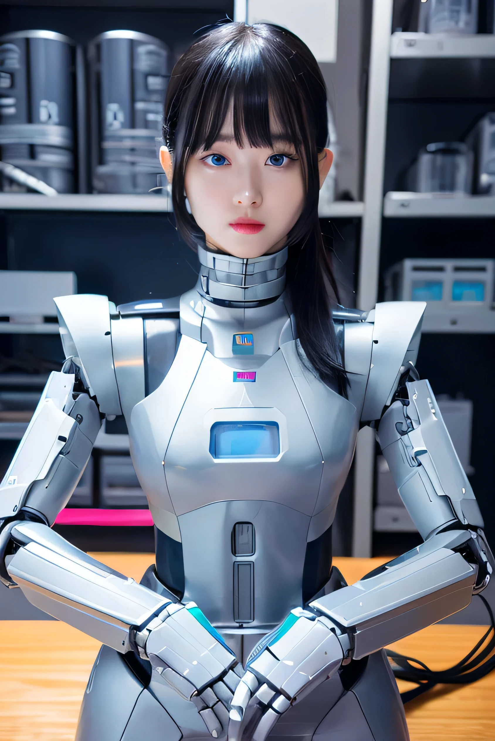 masterpiece, best quality, extremely detailed, Japaese Cyborg Girl,Plump ,navy pleated miniskirt,black tights,control panels,android,Droid,Mechanical Hand, ,clothes with a sense of mechanical technology, Robot arms and legs, Black Robot Parts,Black hair,Mechanical body,Blunt bangs,White abdomen,White robotics parts,tube dress,perfect robot woman,future laboratory,cyber pank,charging spot,android factory,robot factory,cyborg factory,long tube,thick cable connecting her neck,ceramic body ,blue eyes,smechanical body, android,robot humanoid,