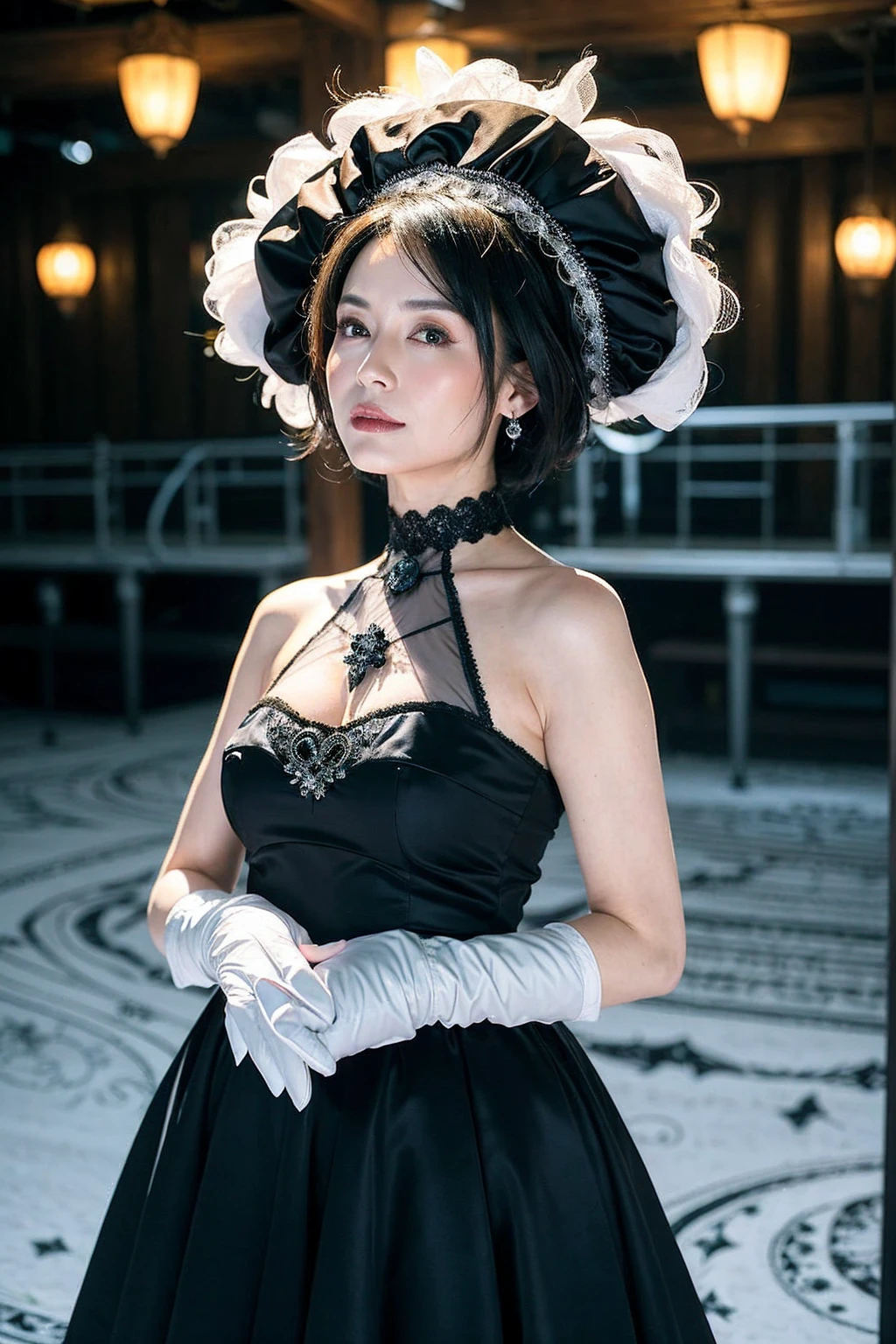 ((Masterpiece)), ((Best Quality)), A middle-aged short-hair woman, ((She is wearing an ornamental black wedding dress)), She is in snow field, she is wearing a choker, She is wearing white gloves on her hands,  black eyes, from side