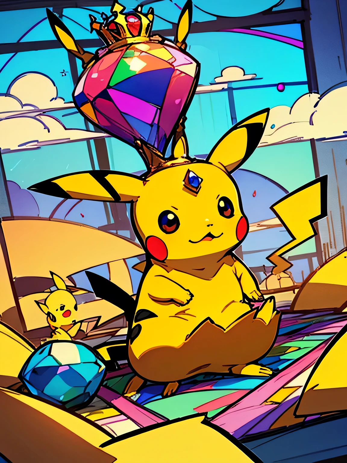 Alone,Rainbow、((A cute Pikachu with a gorgeous giant jewel crown on his head))、 stained glass、Terastal、(manga style),(sketch),(illustration),