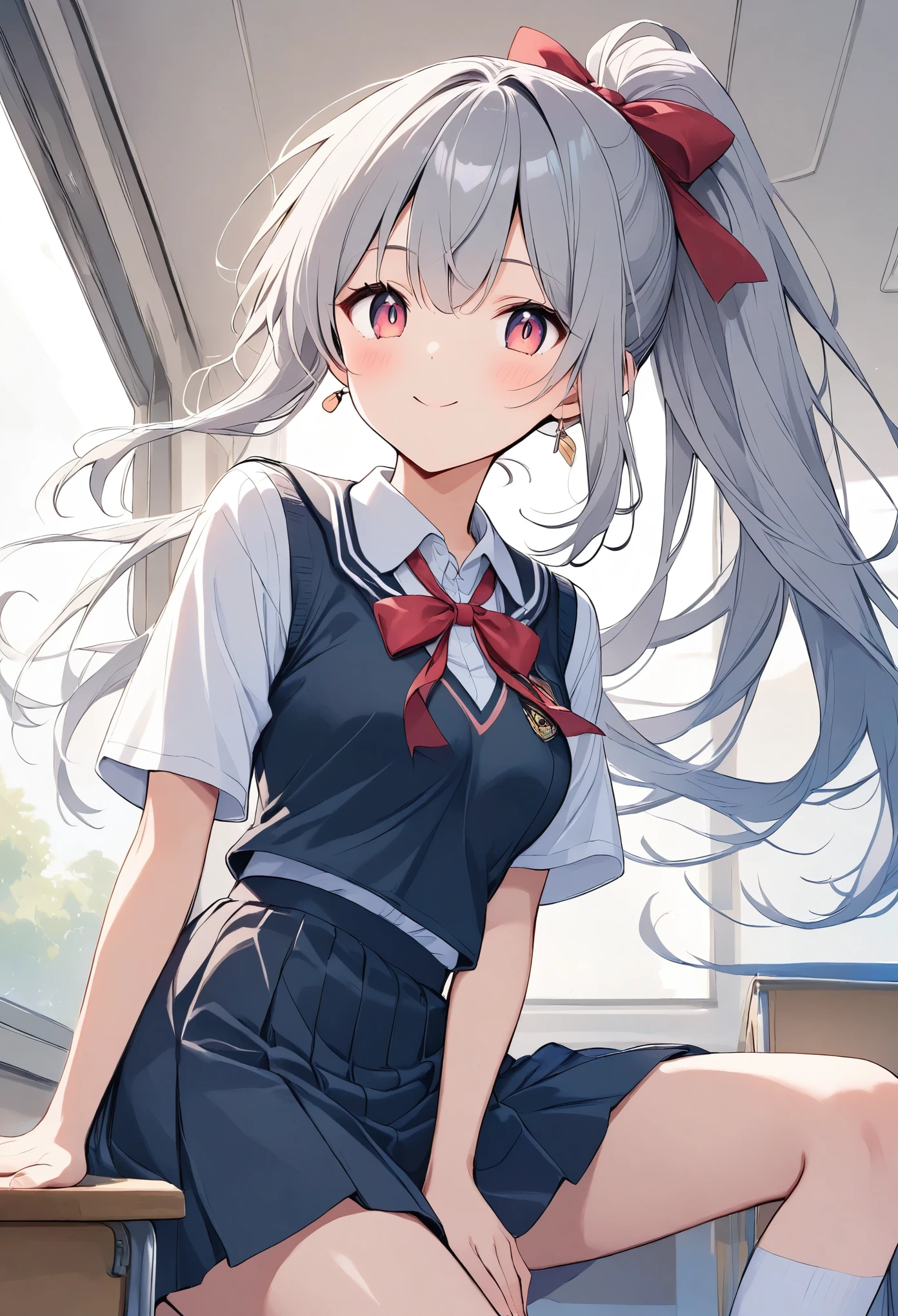 Light line drawing、 bright color、ROUGH、Gray Hair、 long ponytail、ribbon、Slit eyes、cute、School classroom、Student Uniform、shushing